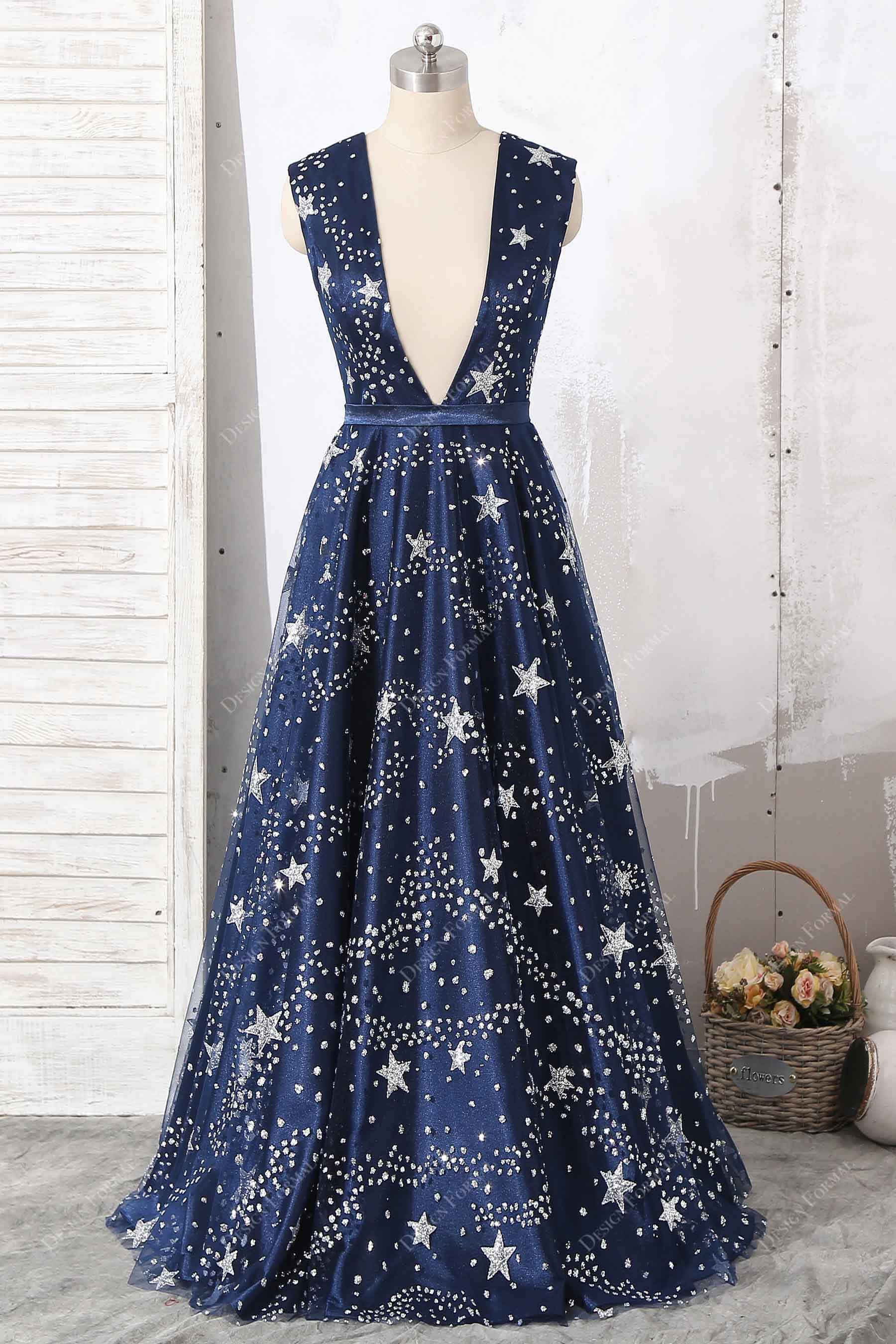Glitter Stars Navy Tulle Sexy Plunging Unique Formal Dress Glitter Stars Navy Tulle Sexy Plunging Unique Formal Dress
