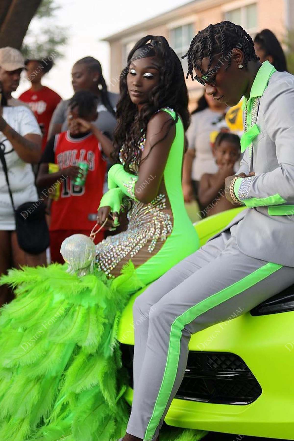 gloves crystals lime green feathers gloves trumpet prom dress