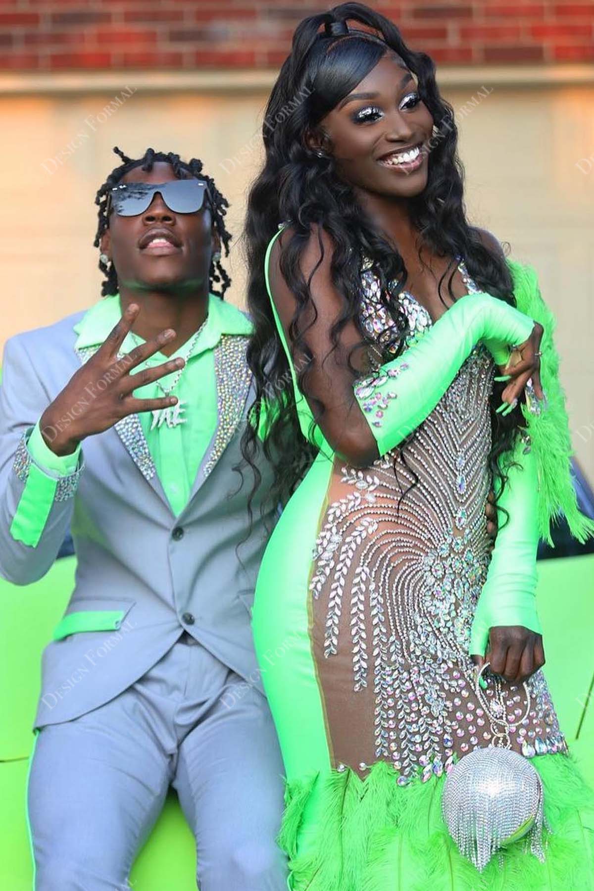 gloves crystals lime green mermaid prom dress