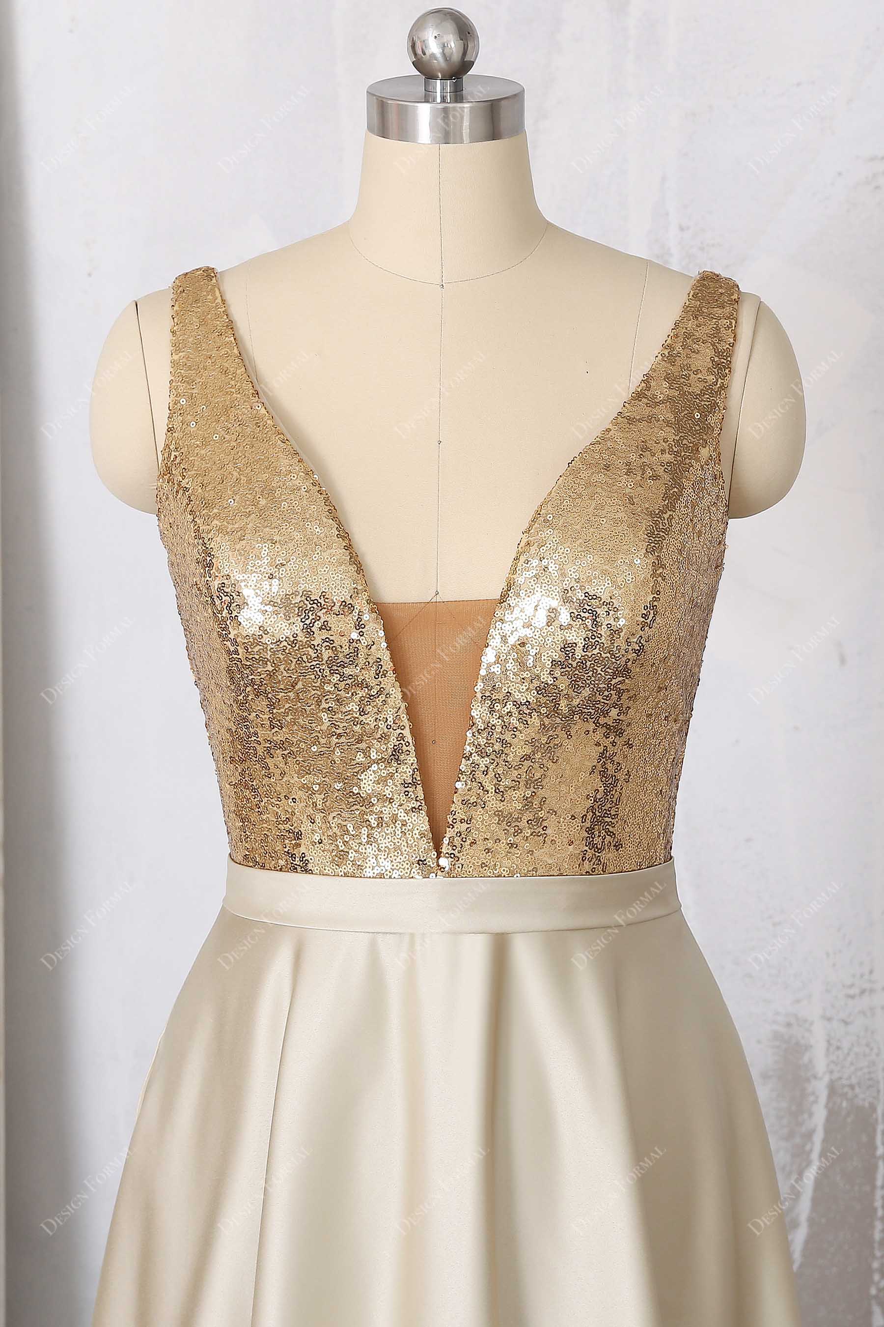 gold V-neck sequin bodice