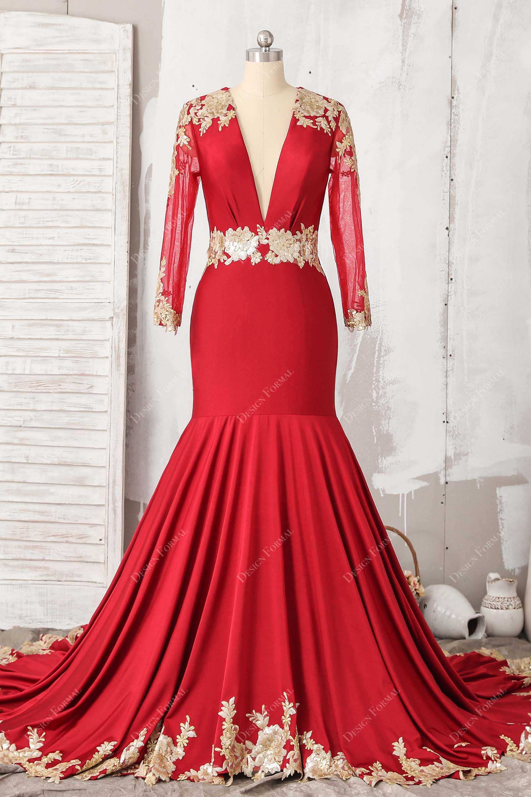 Plunge Red Jersey Gold Lace Cutout Back Dramatic Mermaid Prom Dress Plunge Red Jersey Gold Lace Cutout Back Dramatic Mermaid Prom Dress