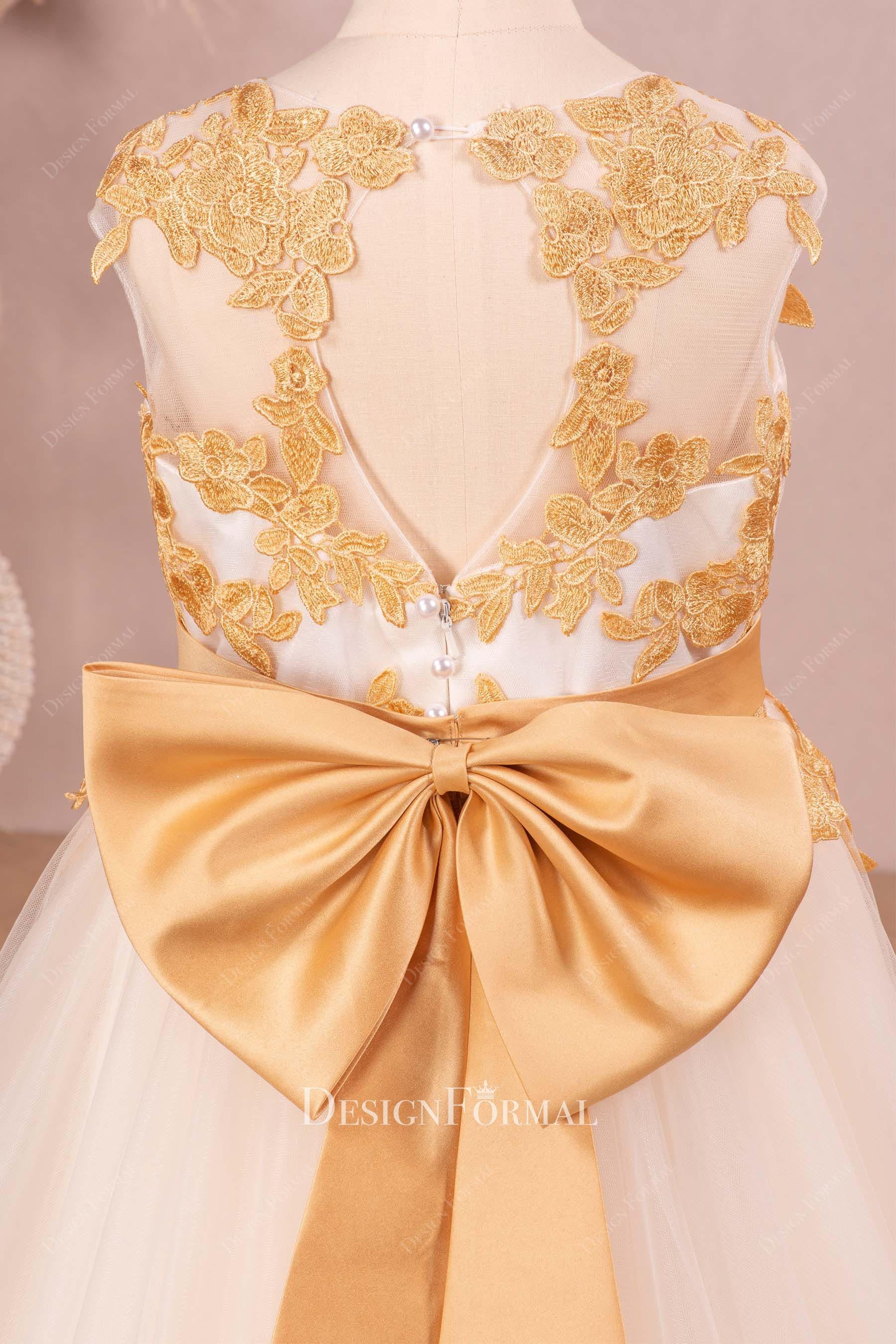 removable gold big bowknot flower girl dress