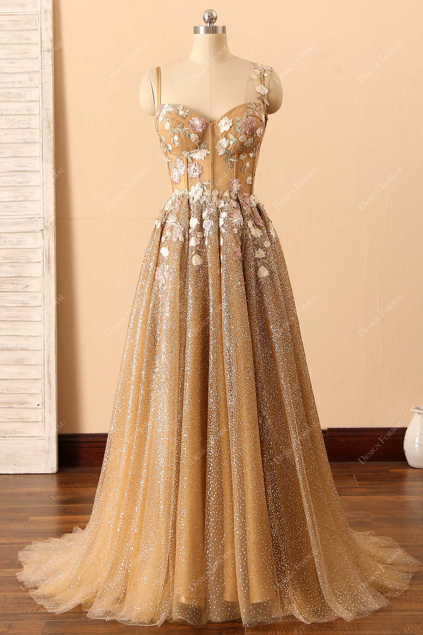 gold glitter floral corset prom dress