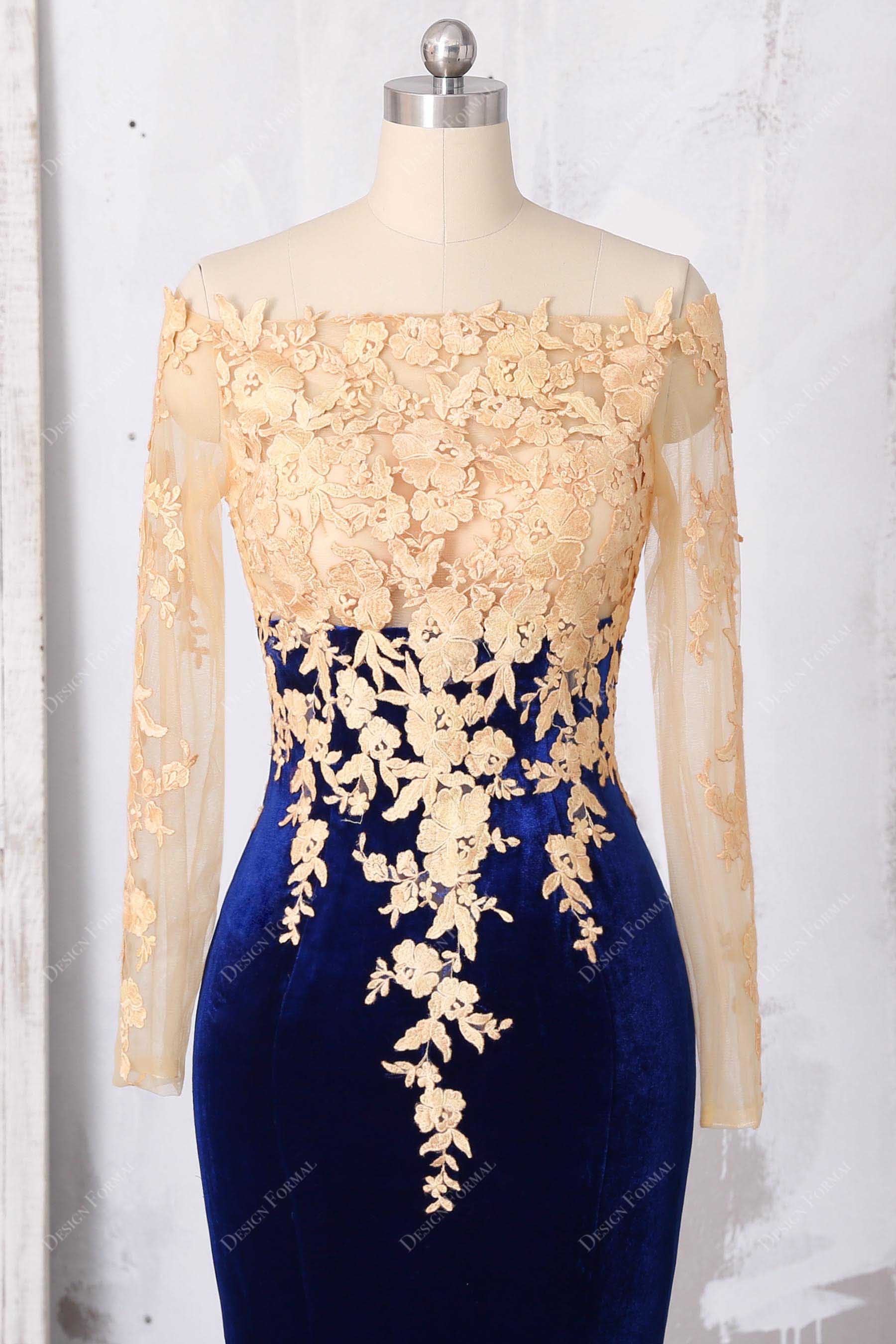 gold lace blue velvet sheer bodice