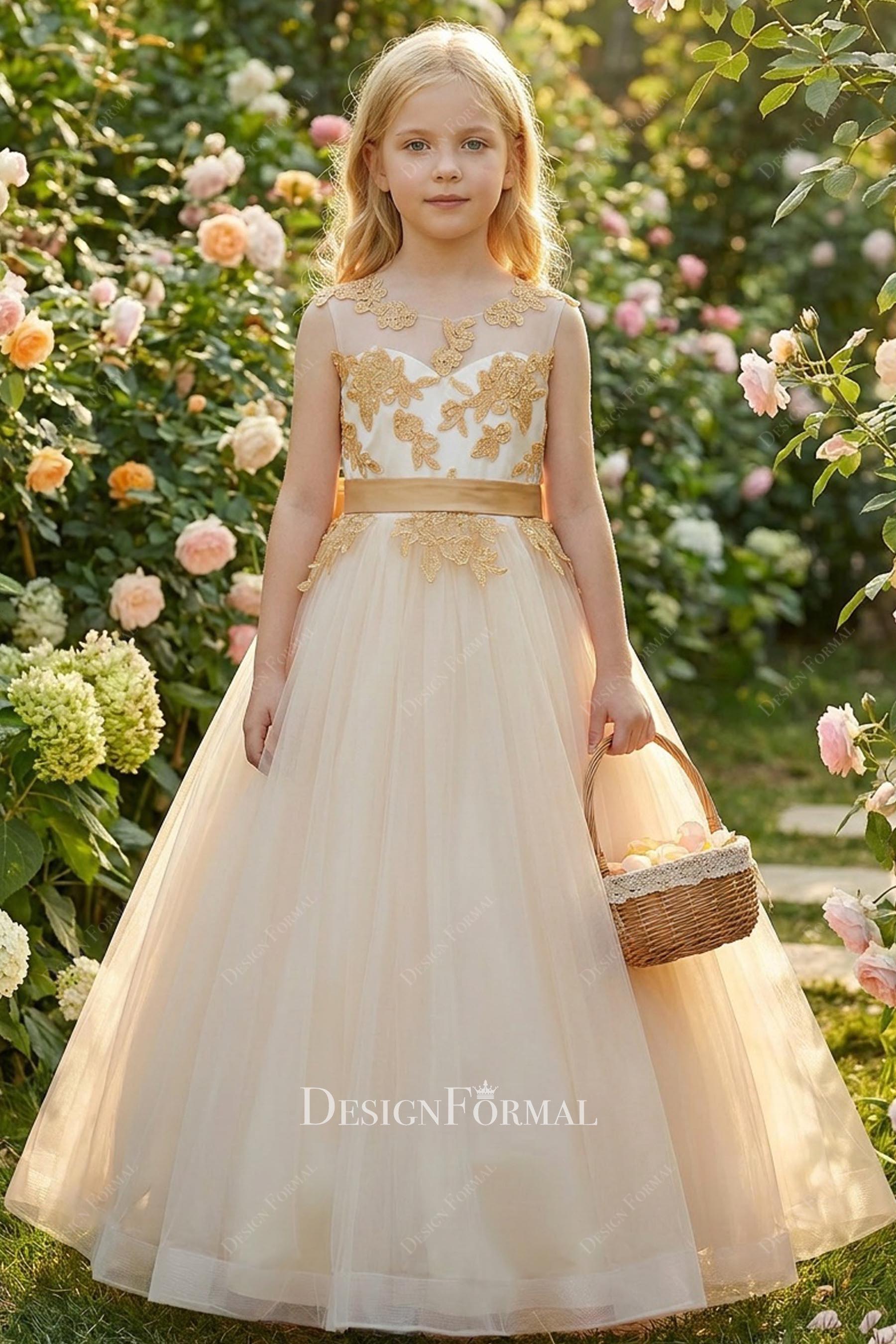 gold lace ivory tulle flower girl gown