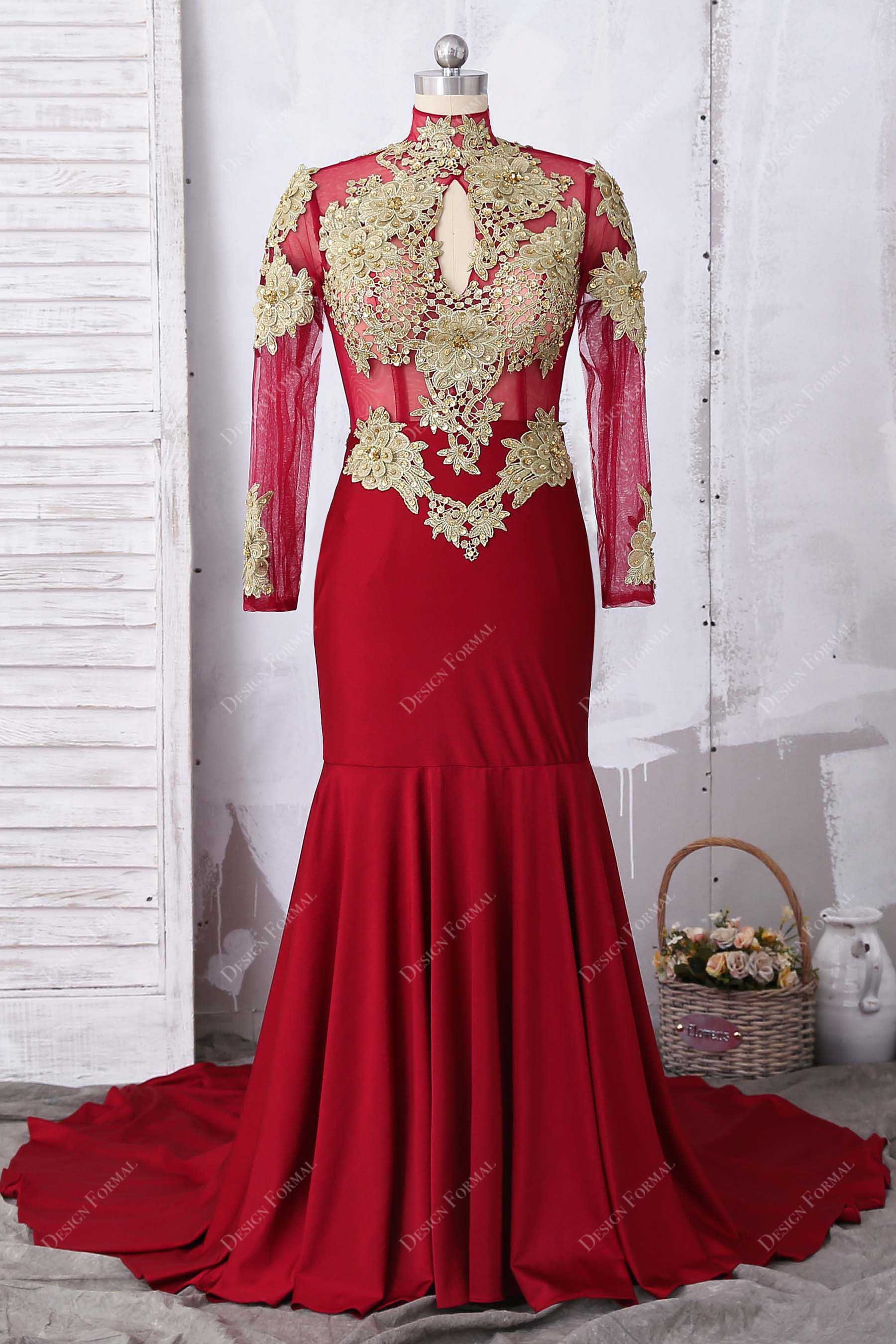 Gold Lace Red Jersey Turtle Neck Plus Size Sexy Open Back Mermaid Prom Dress Gold Lace Red Jersey Turtle Neck Plus Size Sexy Open Back Mermaid Prom Dress