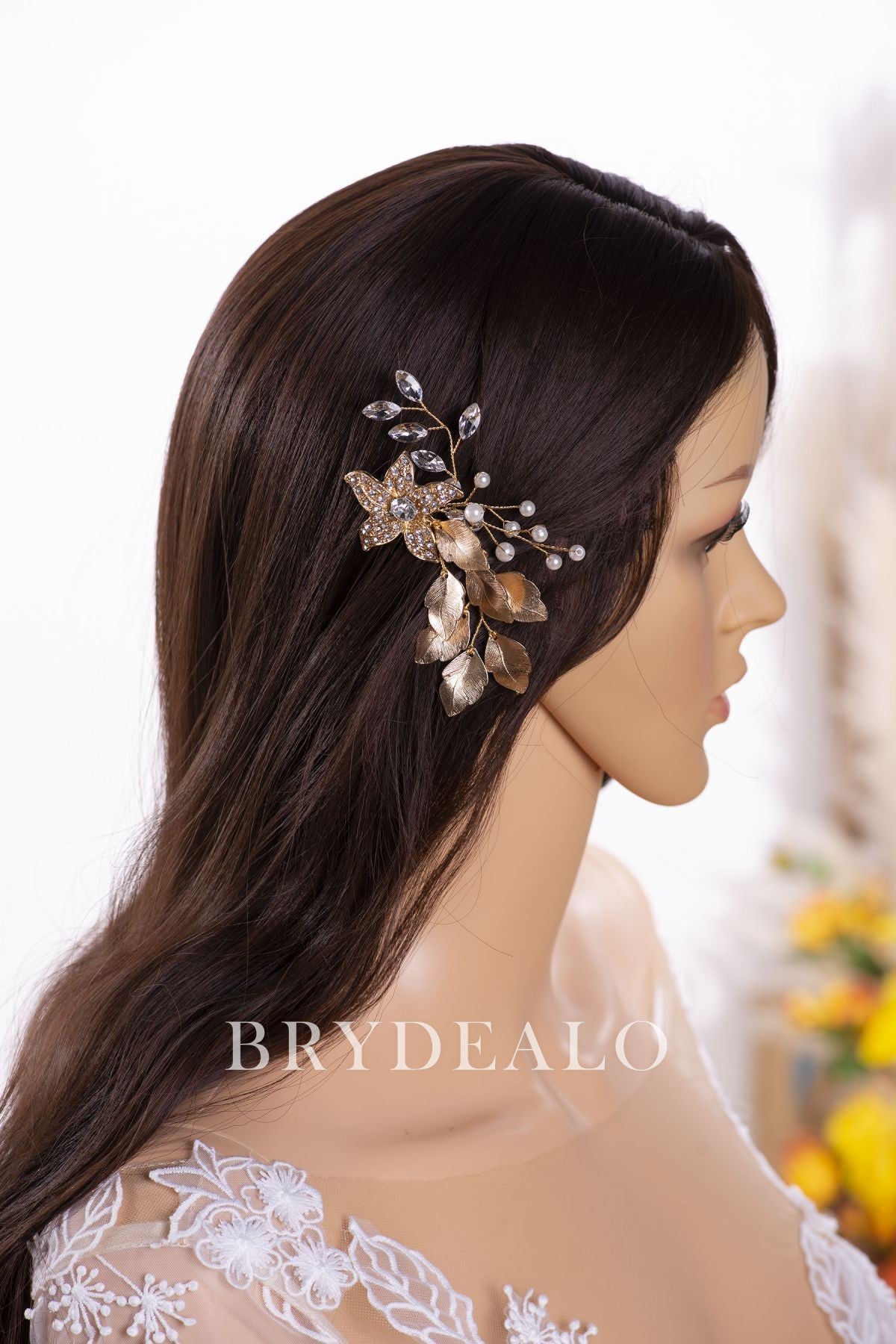 Stylish Metallic Flower Leaf Rhinestones Comb for Sale