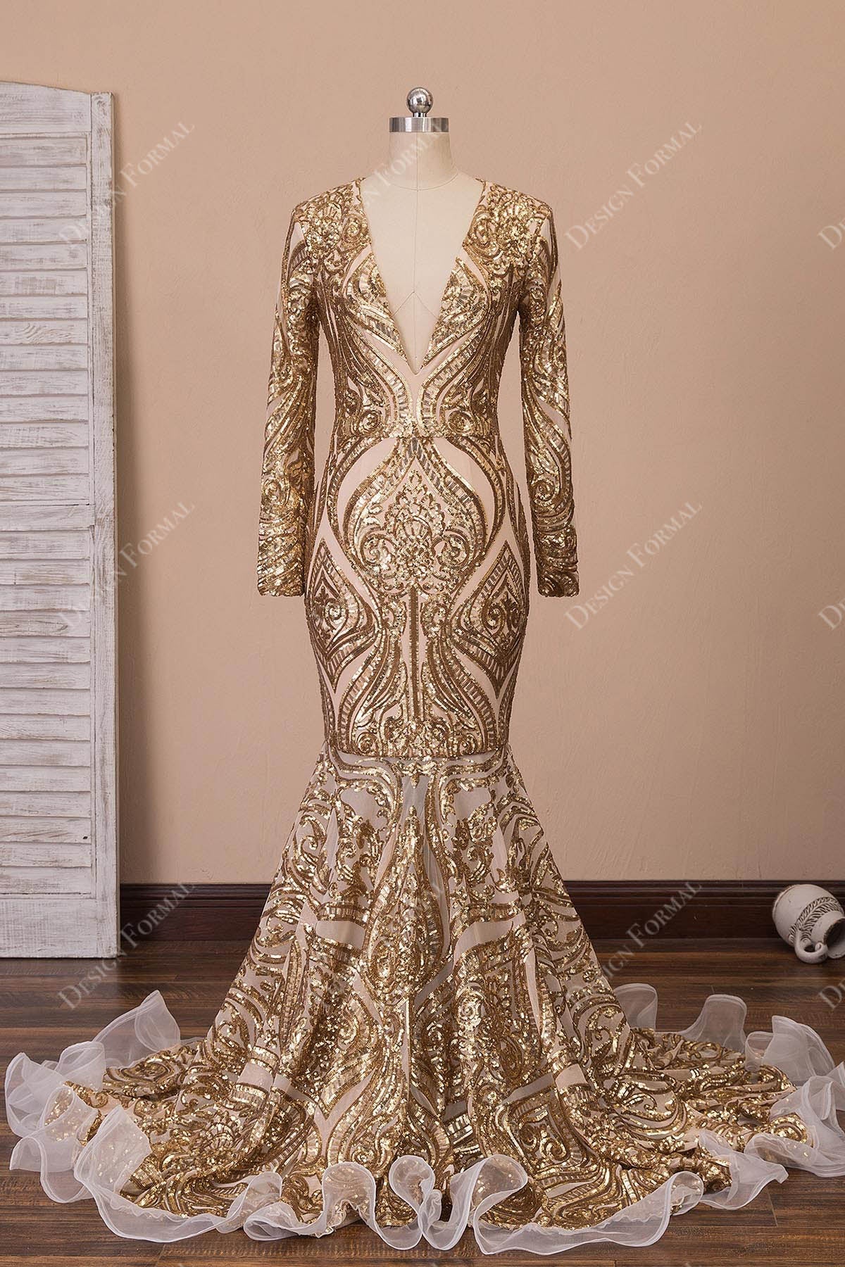Unique Patterned Sequin Gold V-Neck Mermaid Dress Unique Patterned Sequin Gold V-Neck Mermaid Dress