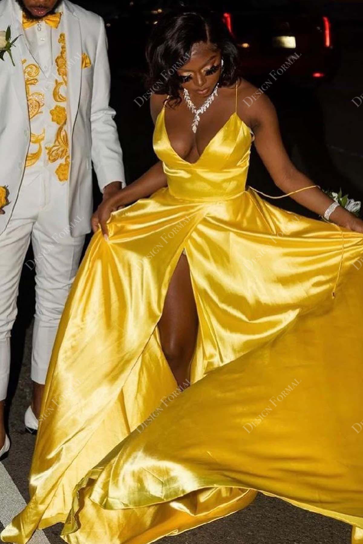 Gold Satin Halter Spaghetti Strap Slit Crafted Prom Dress Gold Satin Halter Spaghetti Strap Slit Crafted Prom Dress