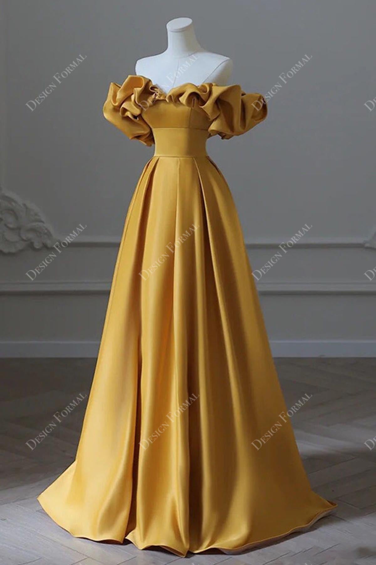 gold satin yellow A-line host gown for wedding