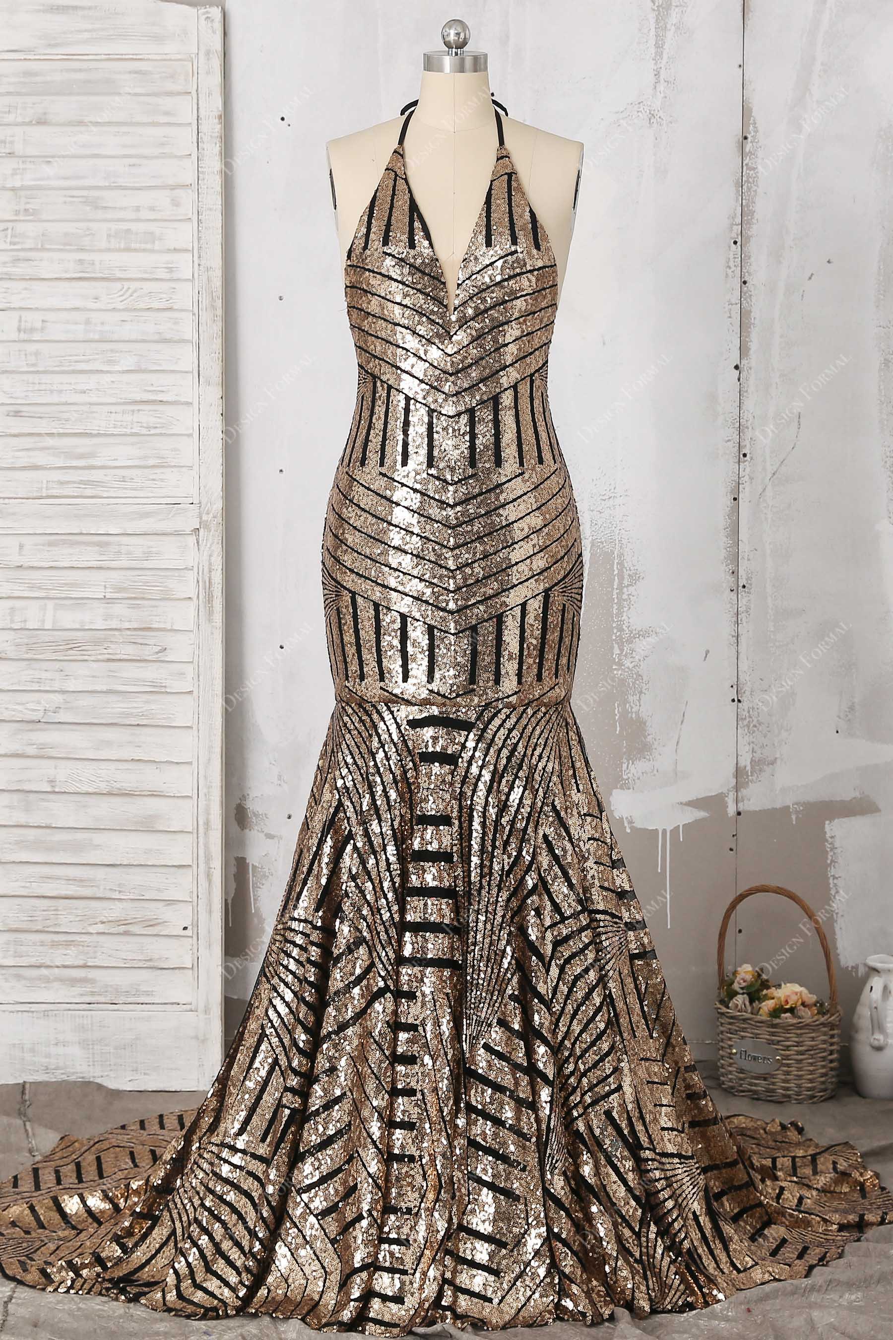 gold sequin halter neck black mermaid prom gown