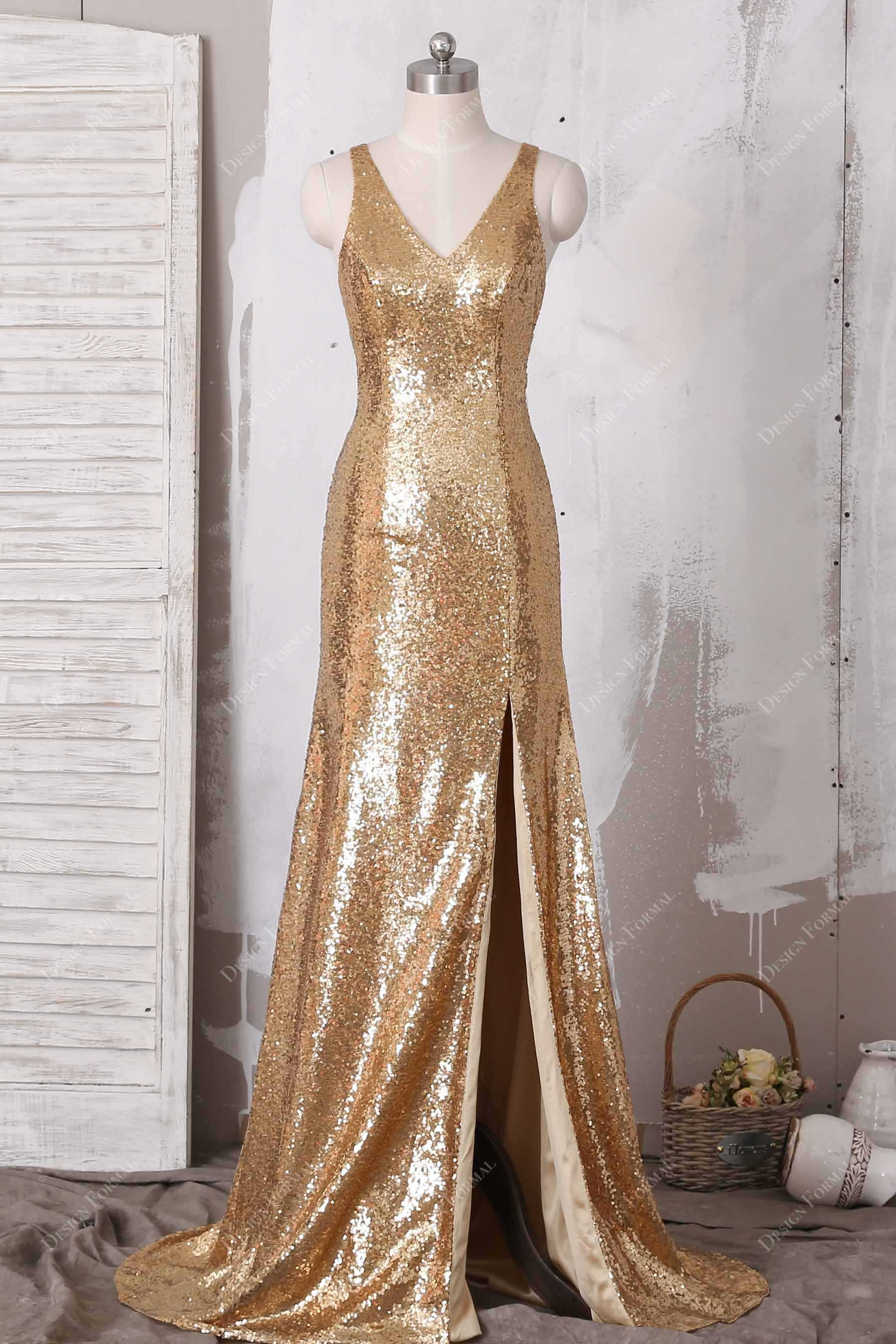 Gold Sequin Side Cutout Slit Mermaid Long Prom Bridesmaid Dress Gold Sequin Side Cutout Slit Mermaid Long Prom Bridesmaid Dress