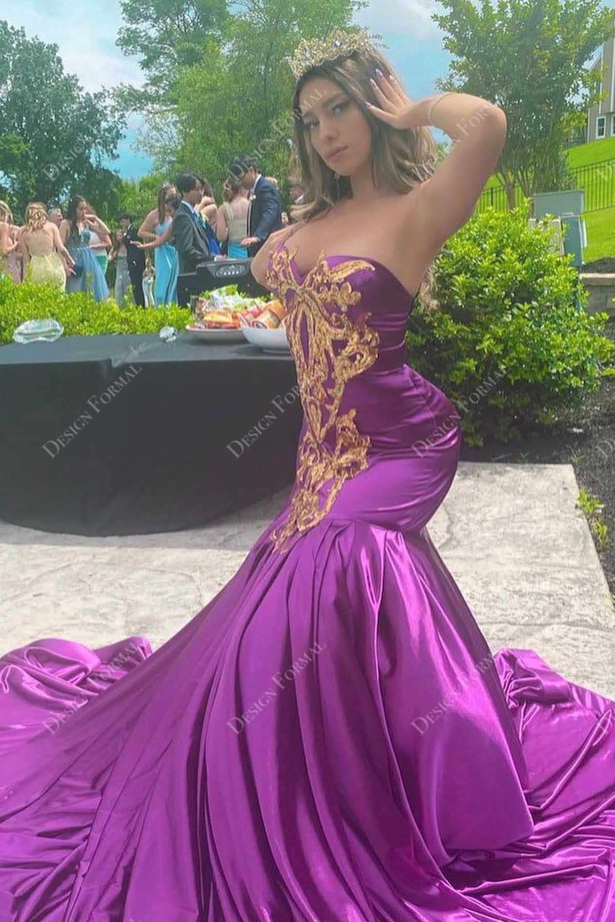 Fuchsia Satin Gold Sequins Crafted Strapless Trumpet Prom Gown Fuchsia Satin Gold Sequins Crafted Strapless Trumpet Prom Gown
