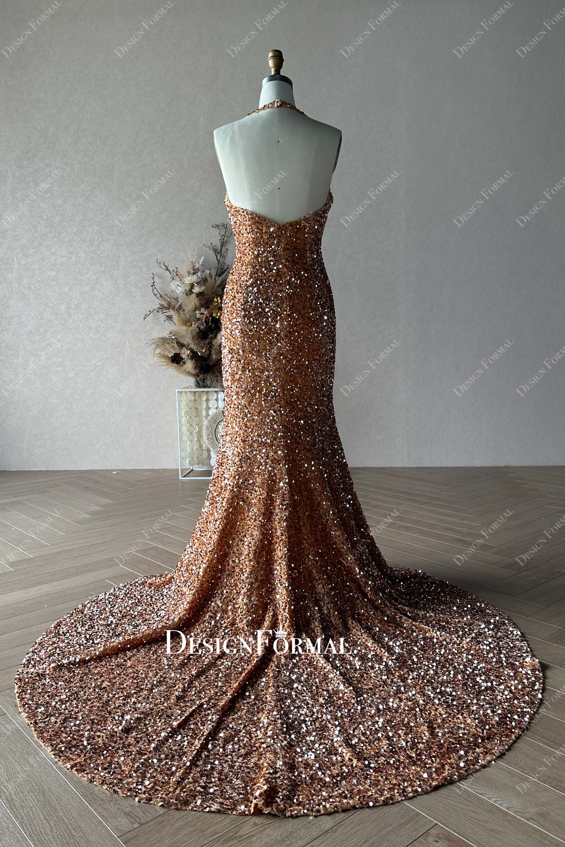 gold sequins long train mermaid custom gown