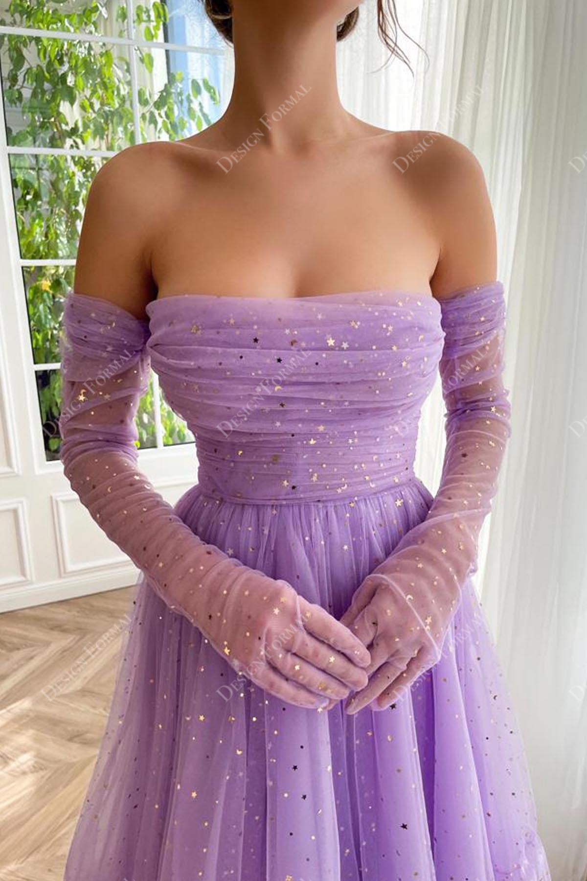 gold stars ruched off shoulder homecoming dress