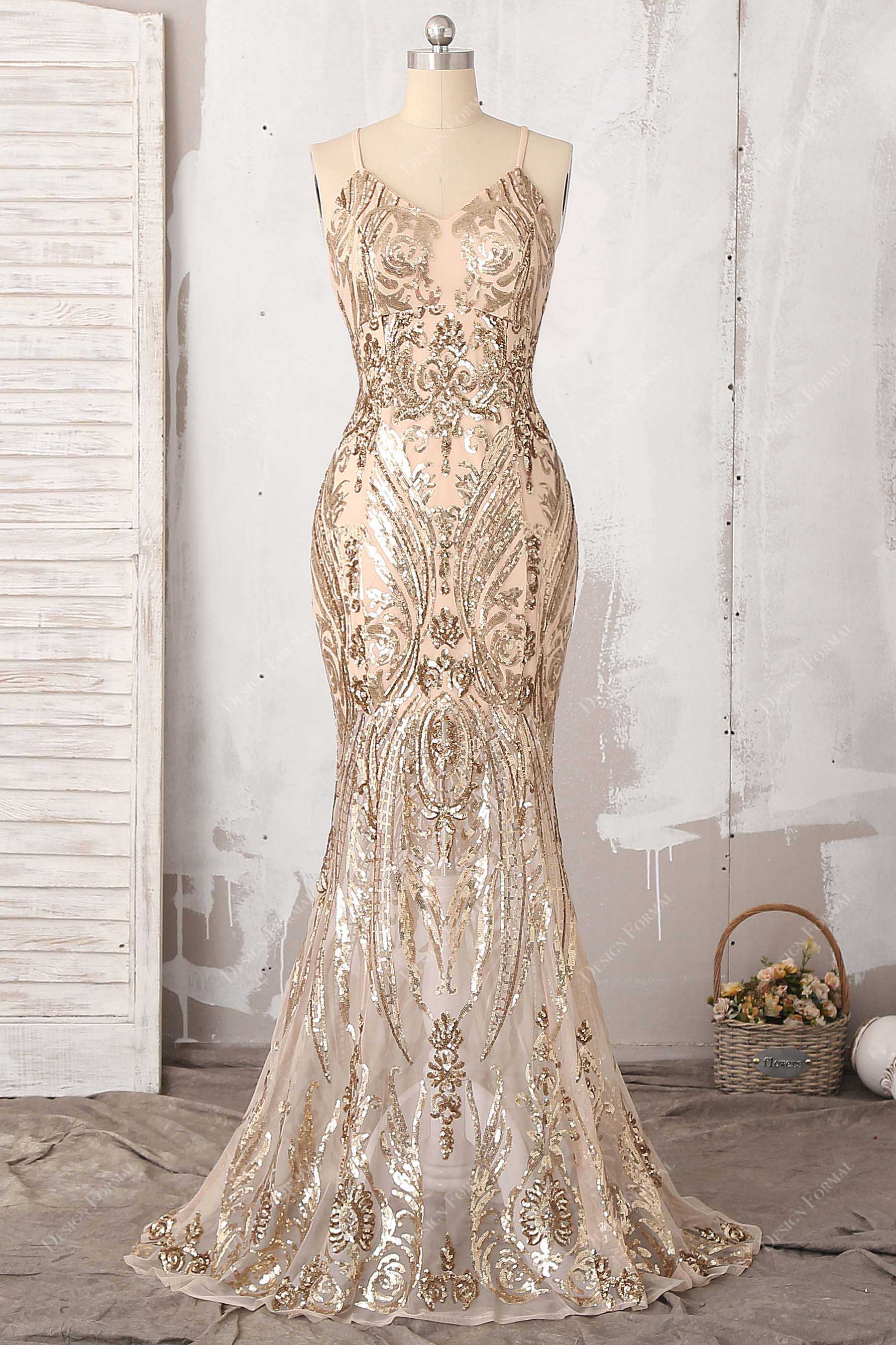 Gold Sequin V-Neck Backless Mermaid Long Formal Dress