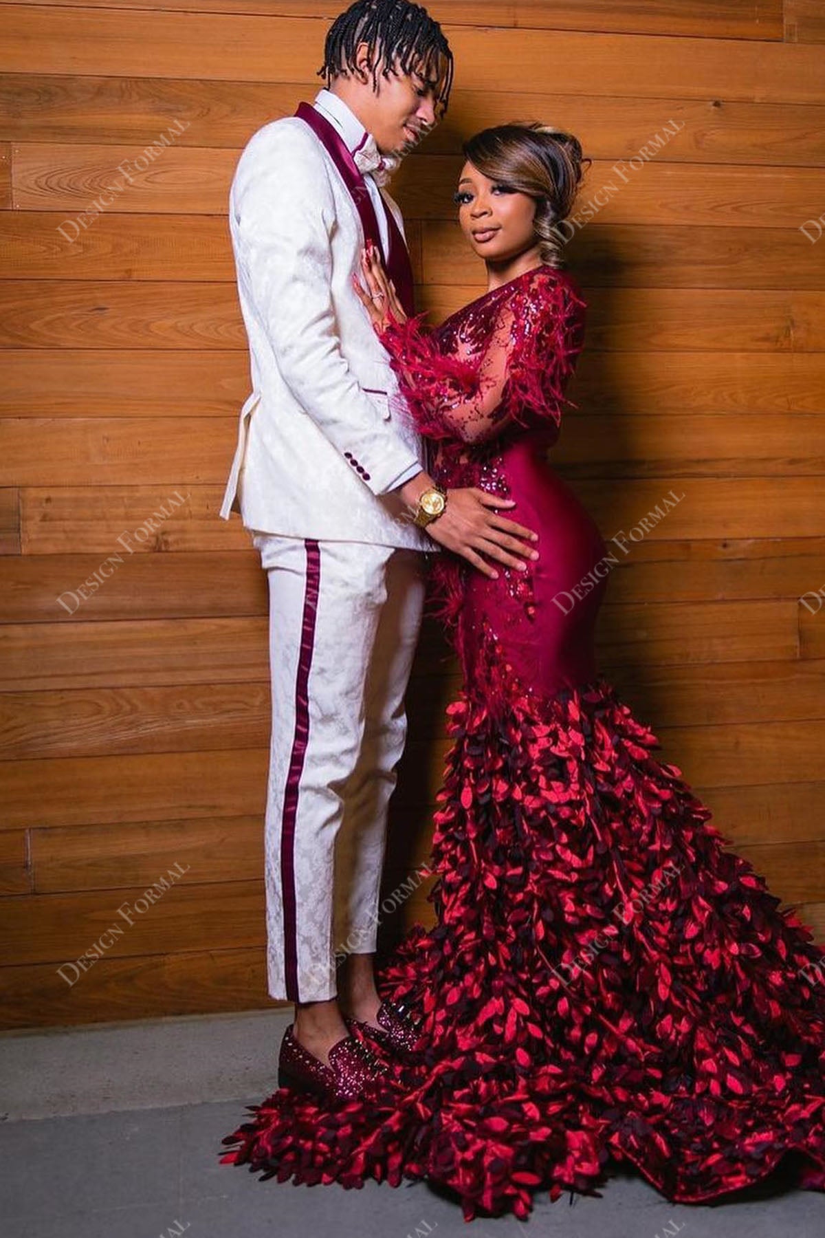 gorgeous red sequin feather sheer sleeve 3F roses mermaid prom gown