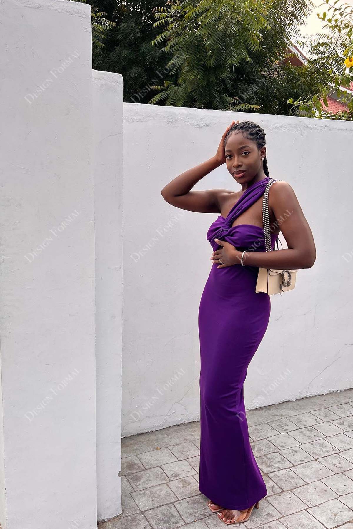 grape ruched one shoulder fishtail ankle length prom dress