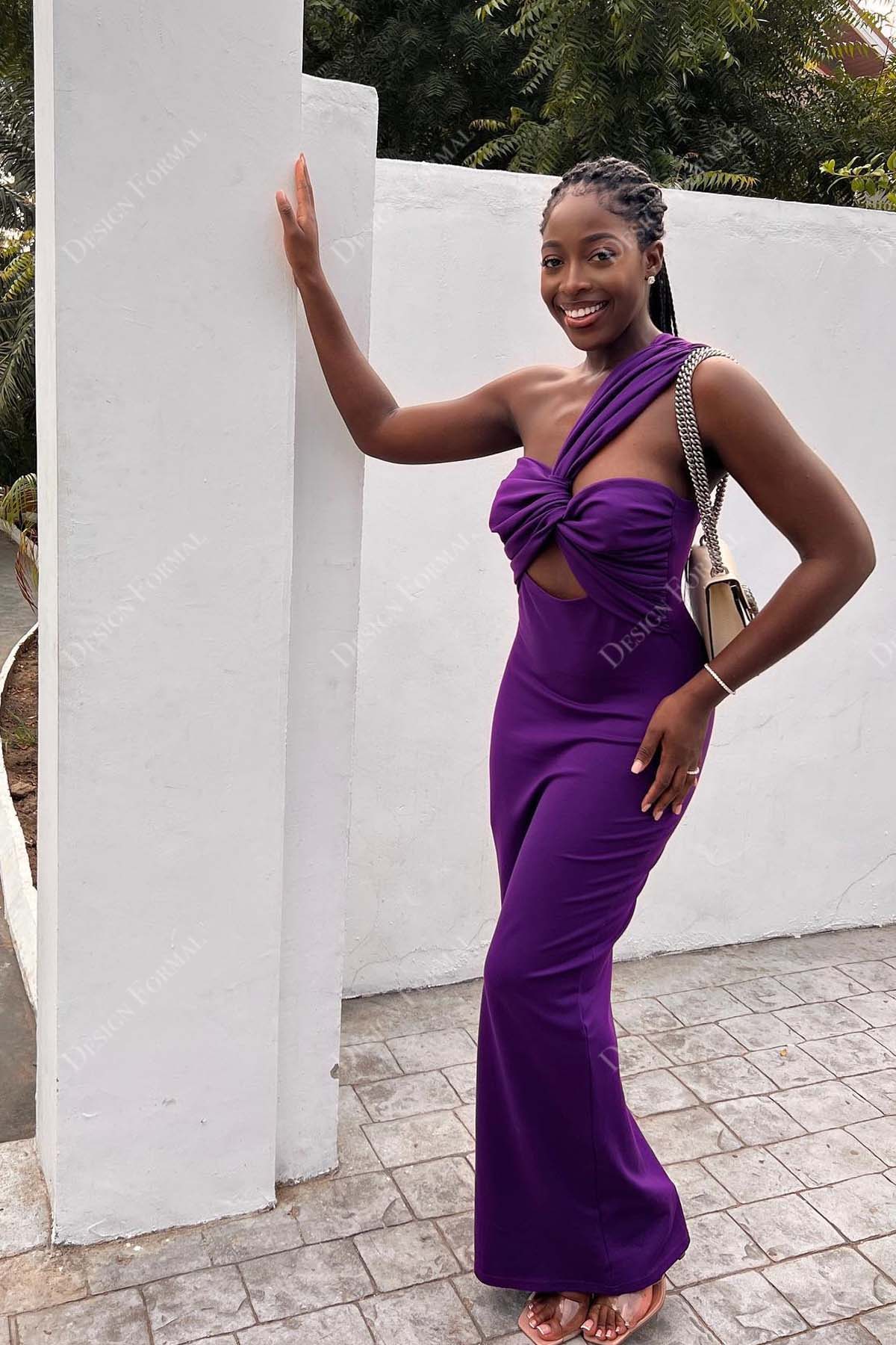 grape satin ruched one shoulder keyhole ankle length prom gown