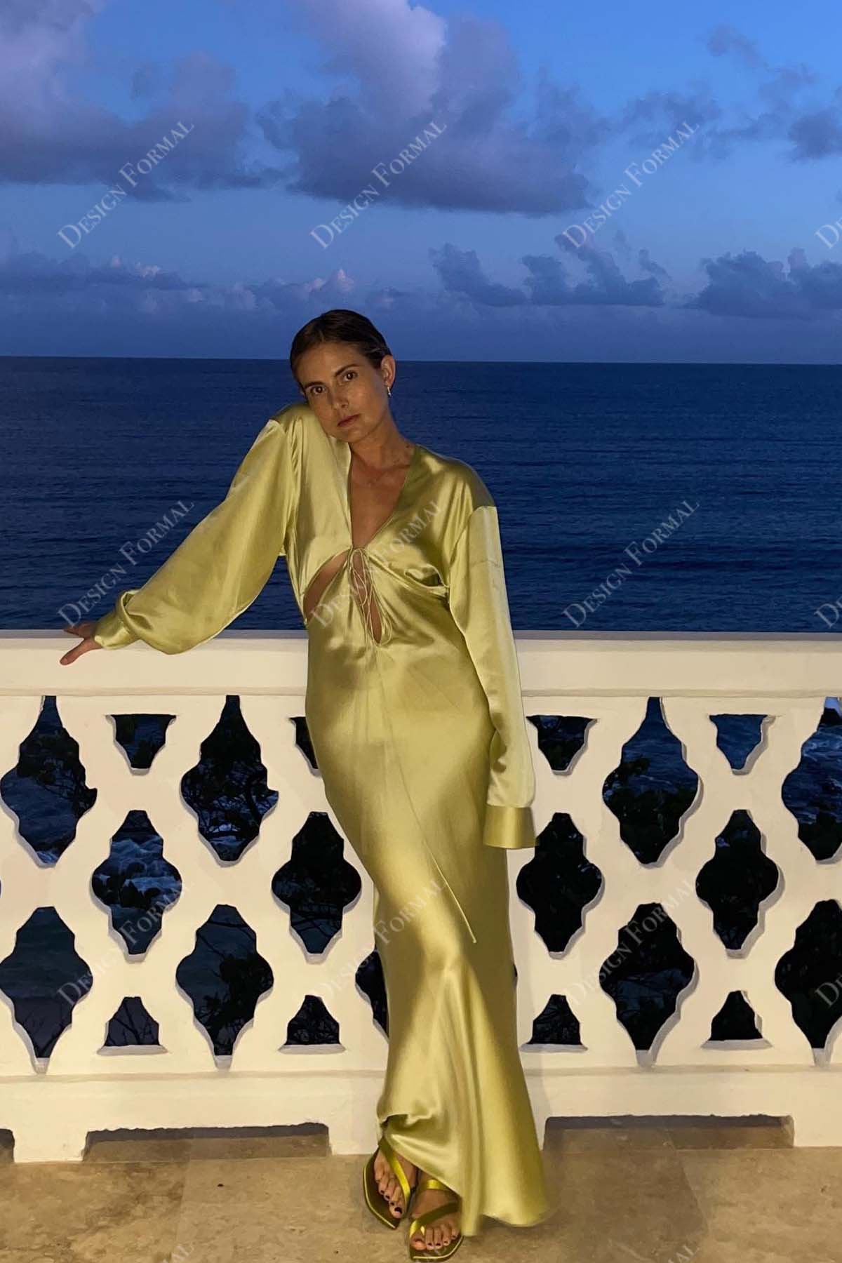 Pear Green Charmeuse Plunging Cutout Custom Puffy Sleeves Prom Gown