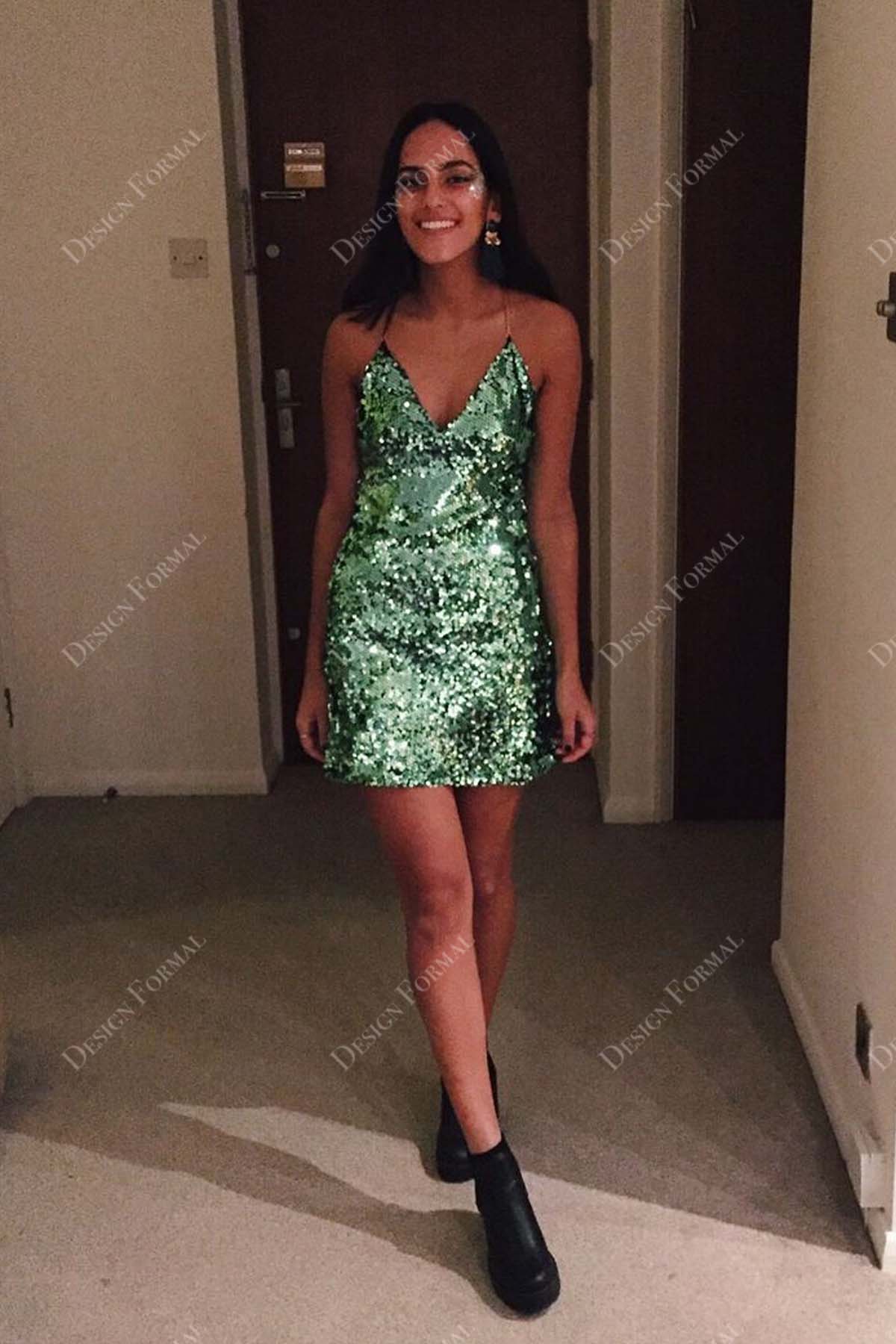 green sequin spaghetti straps V-neck cocktail made-to-order prom dress