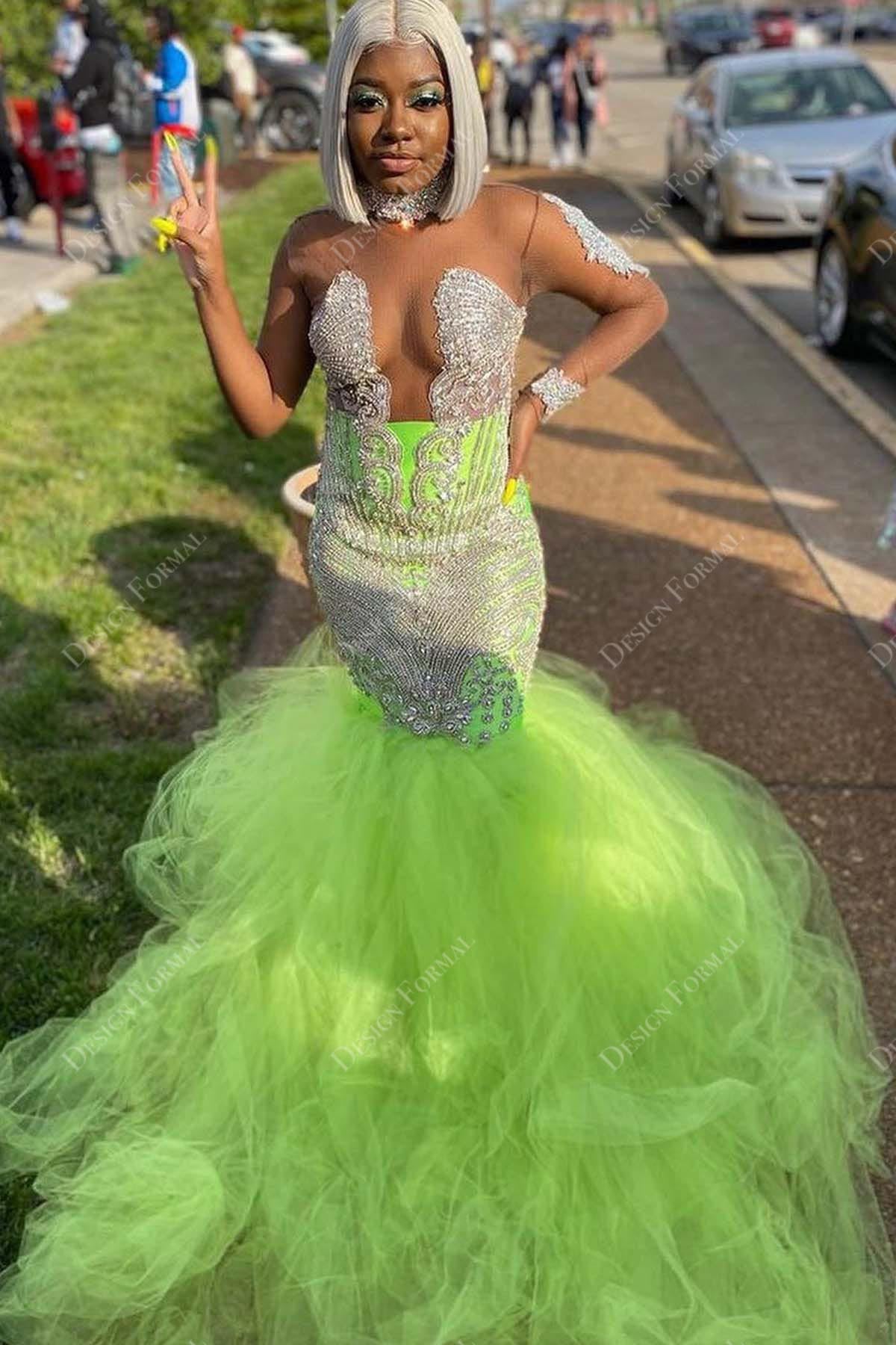 Rhinestones Plunging Green Tulle Crafted Trumpet Prom Dress Rhinestones Plunging Green Tulle Crafted Trumpet Prom Dress