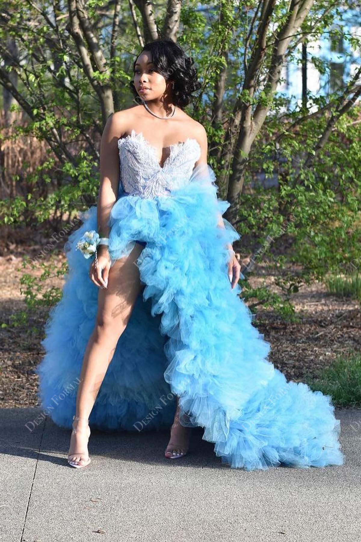 grey beaded sky blue ruffled tulle strapless prom dress
