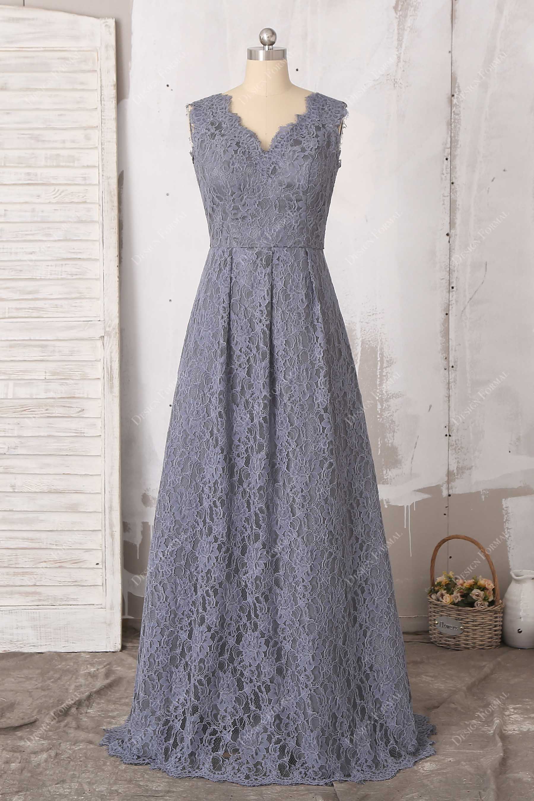 Grey Lace Scalloped V-neck Sleeveless Floor Length Bridesmaid Dress Grey Lace Scalloped V-neck Sleeveless Floor Length Bridesmaid Dress