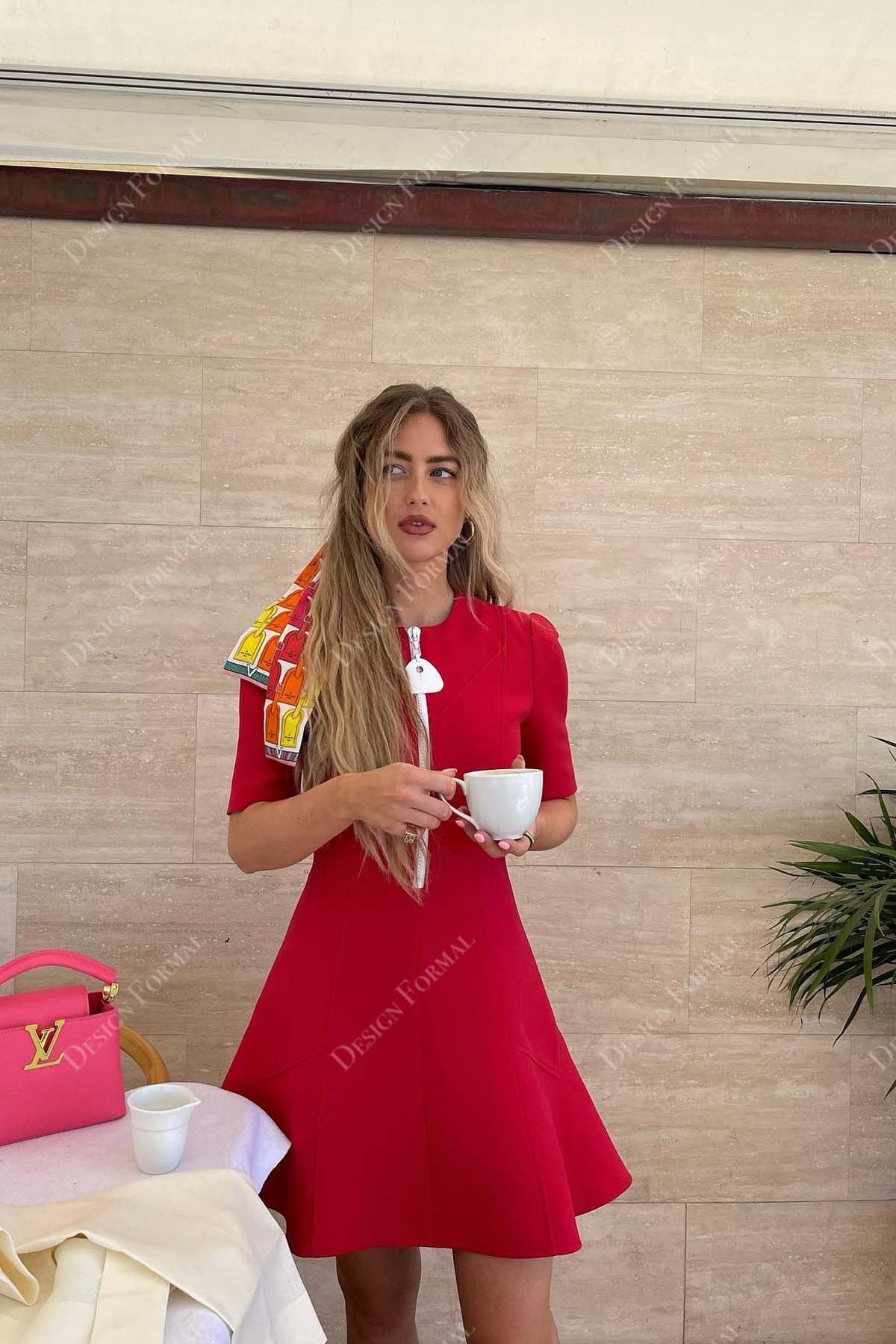 Demure Red Satin Half Sleeves Short Designer Pom Dress Demure Red Satin Half Sleeves Short Designer Pom Dress