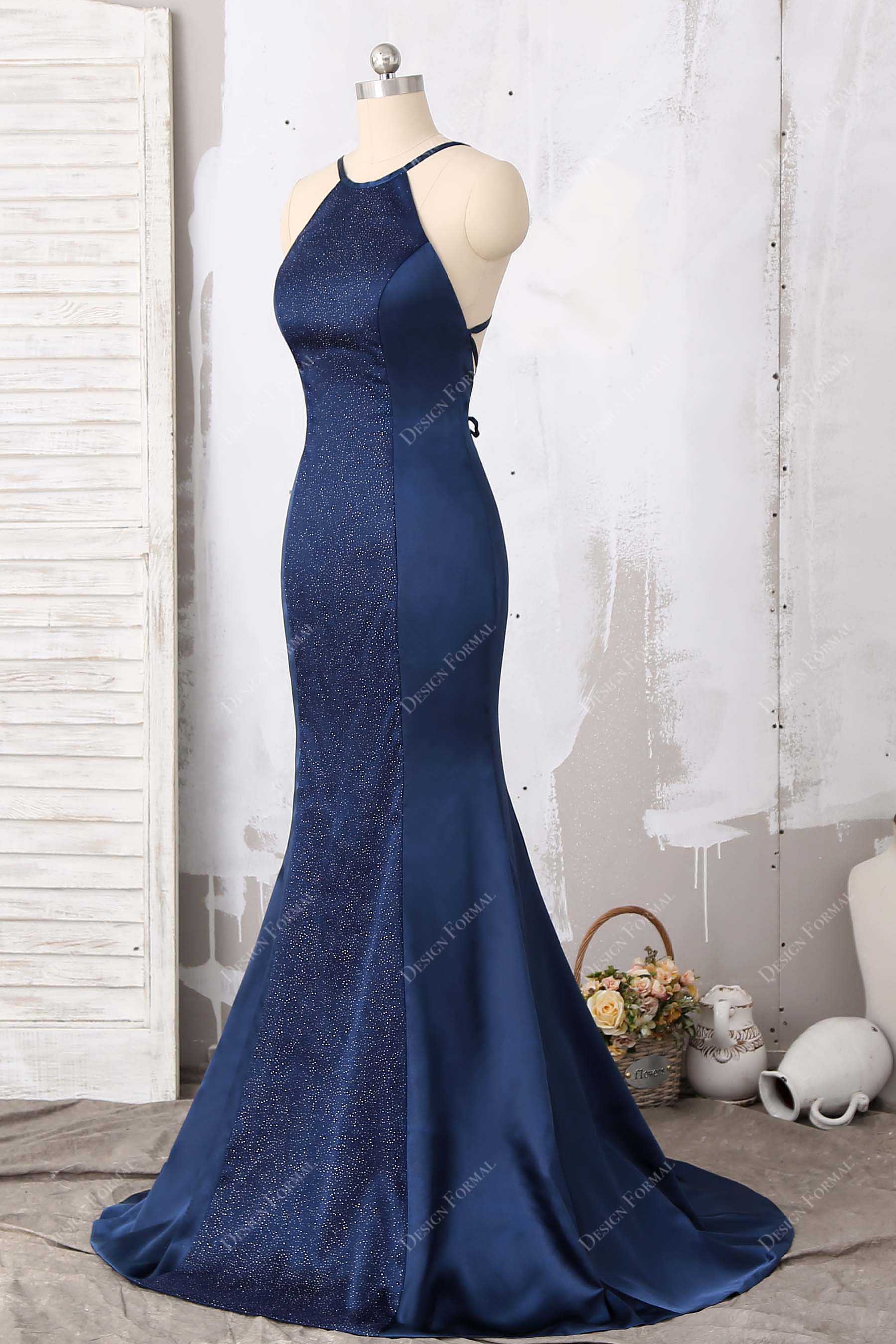 halter neck mermaid satin navy prom dress