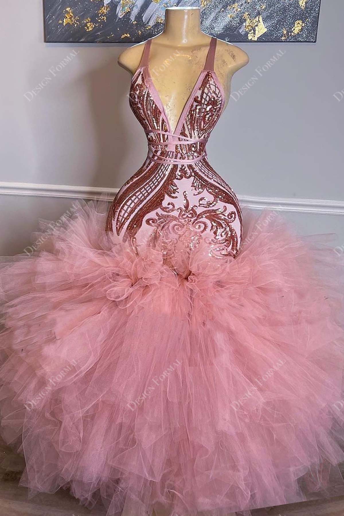 Halter Neck Rose Gold Sequin Trumpet Tulle Prom Dress