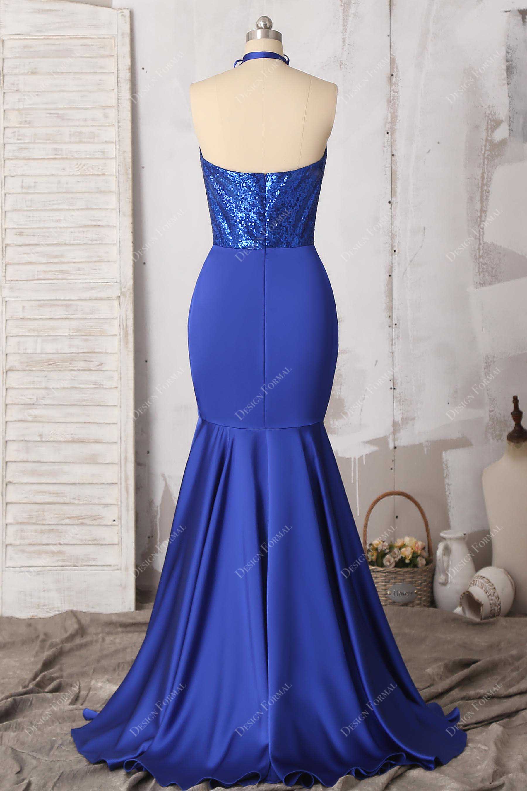 halter open back trumpet prom dress