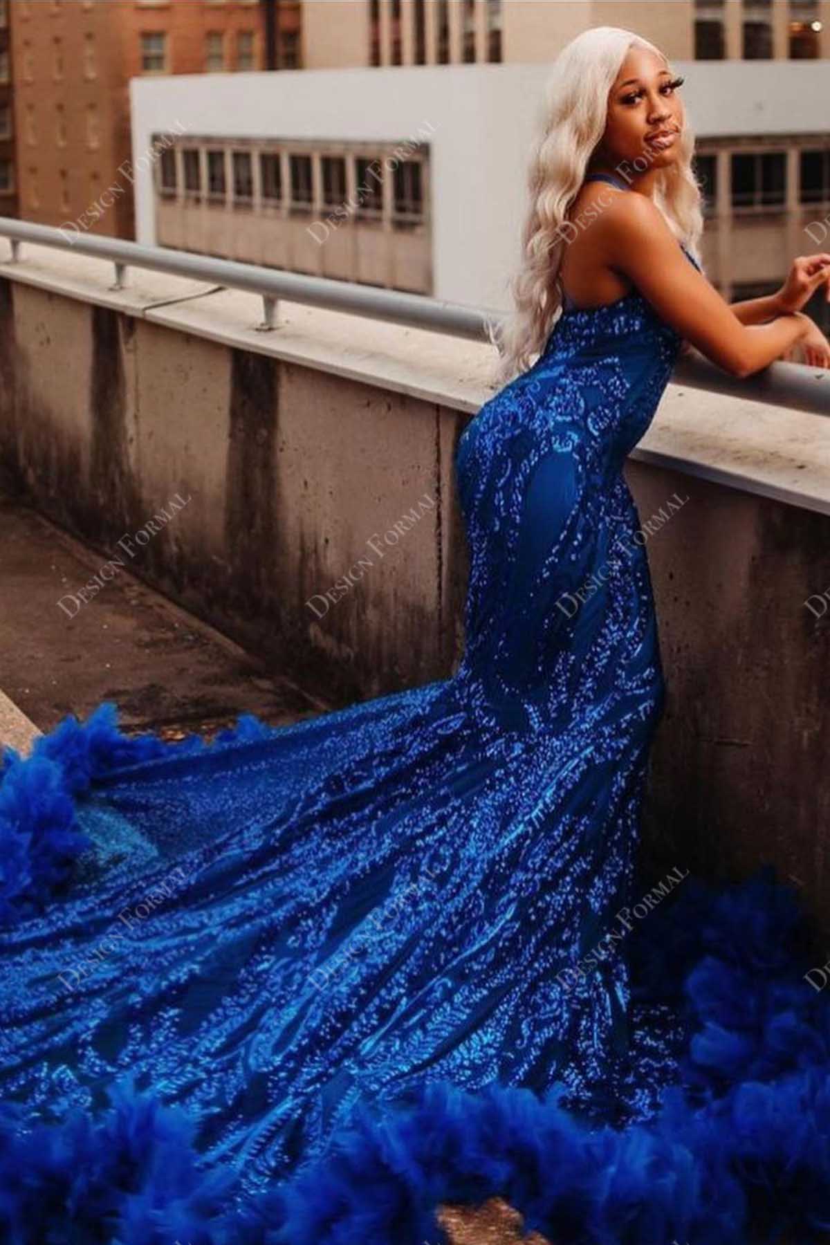 halter open back unique patterned sequin mermaid prom dress