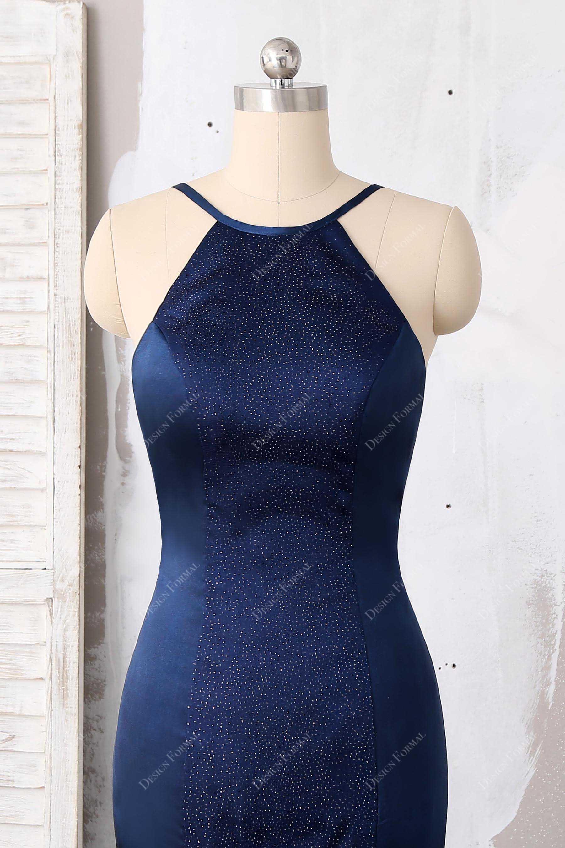 halter thin strap navy glitter prom dress