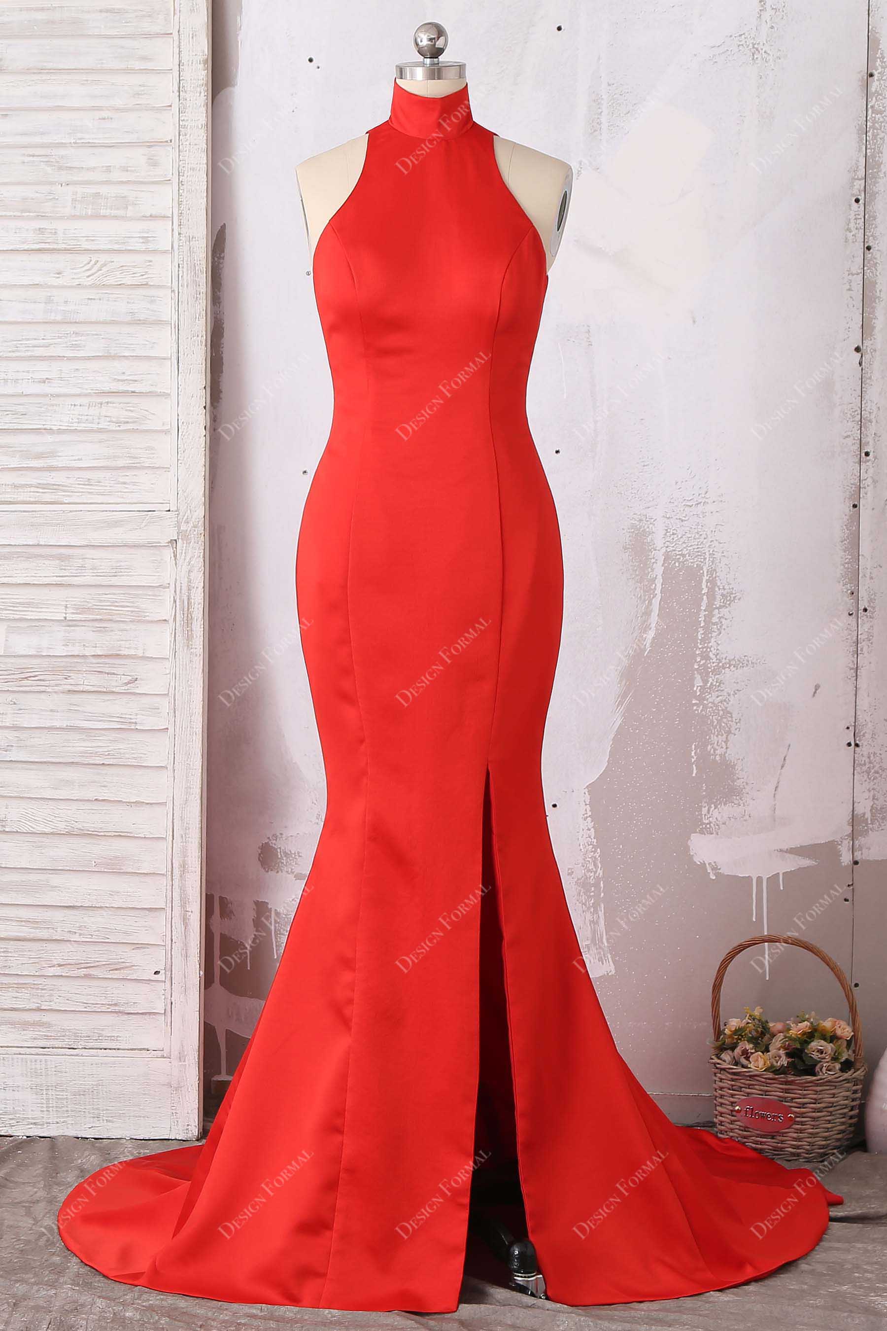 high neck mermaid red satin slit evening dress