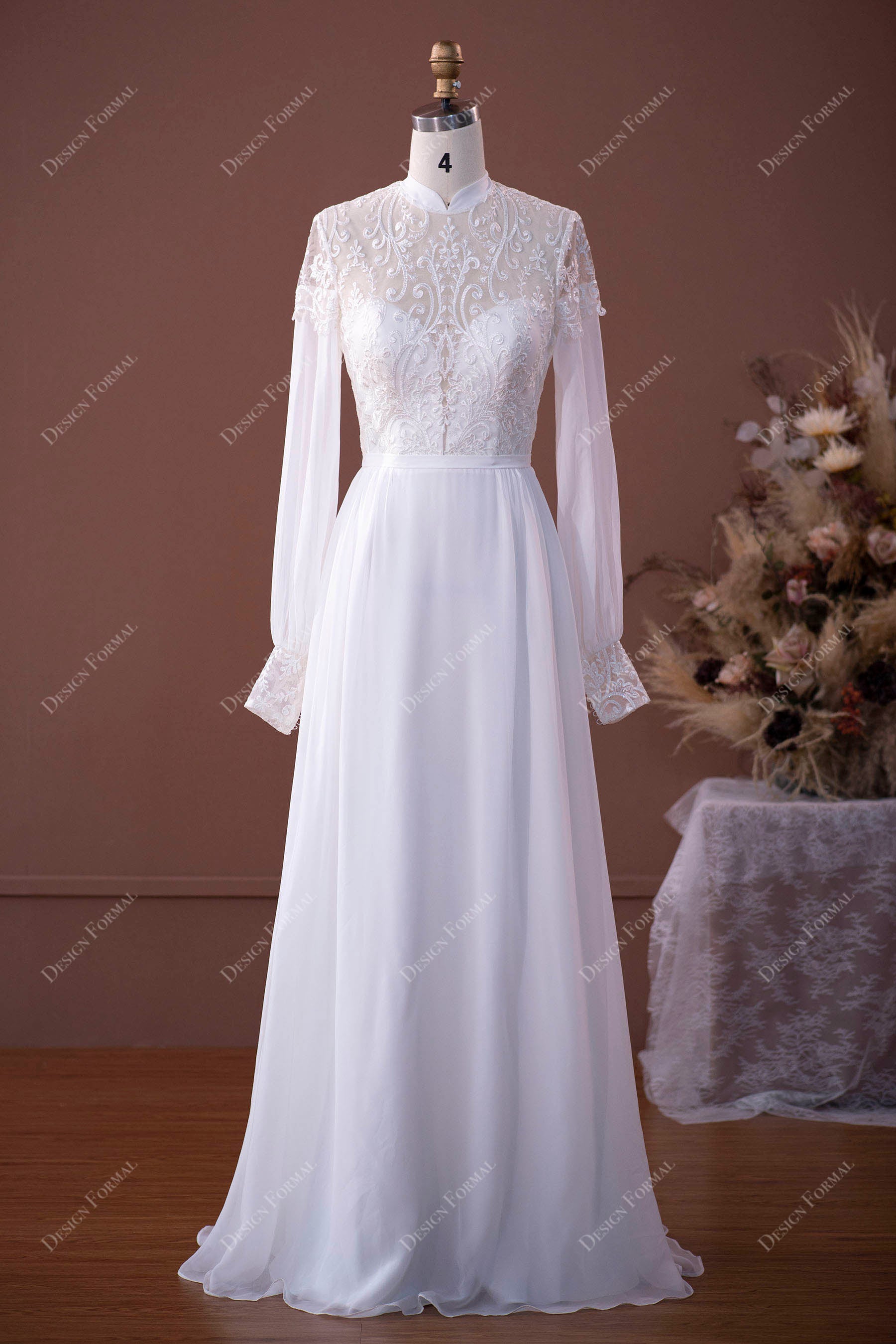 High Neck Sheer Sleeves Lace Chiffon Floor Length Destination Wedding Dress High Neck Sheer Sleeves Lace Chiffon Floor Length Destination Wedding Dress