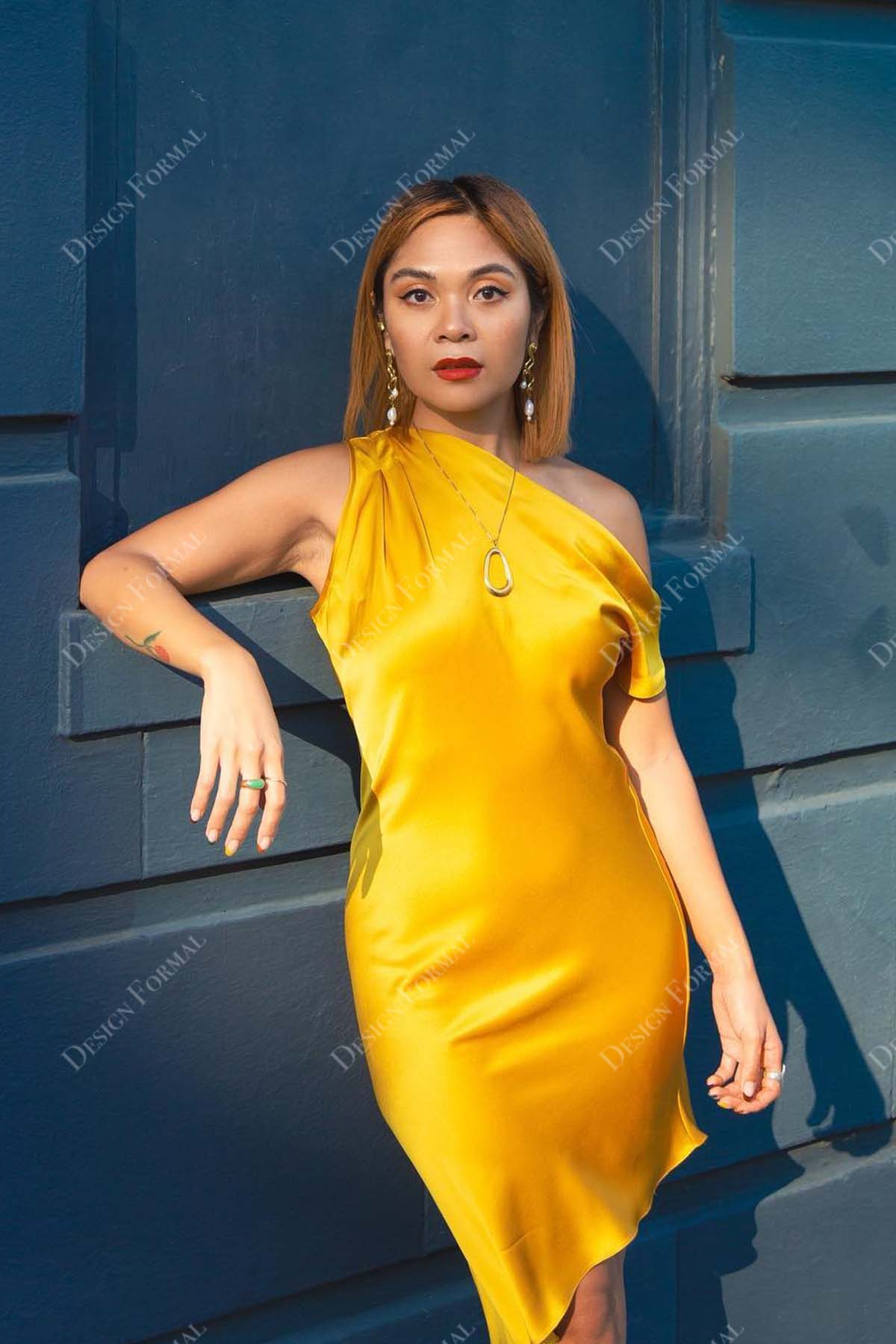 honey yellow one shoulder satin short custom prom dress