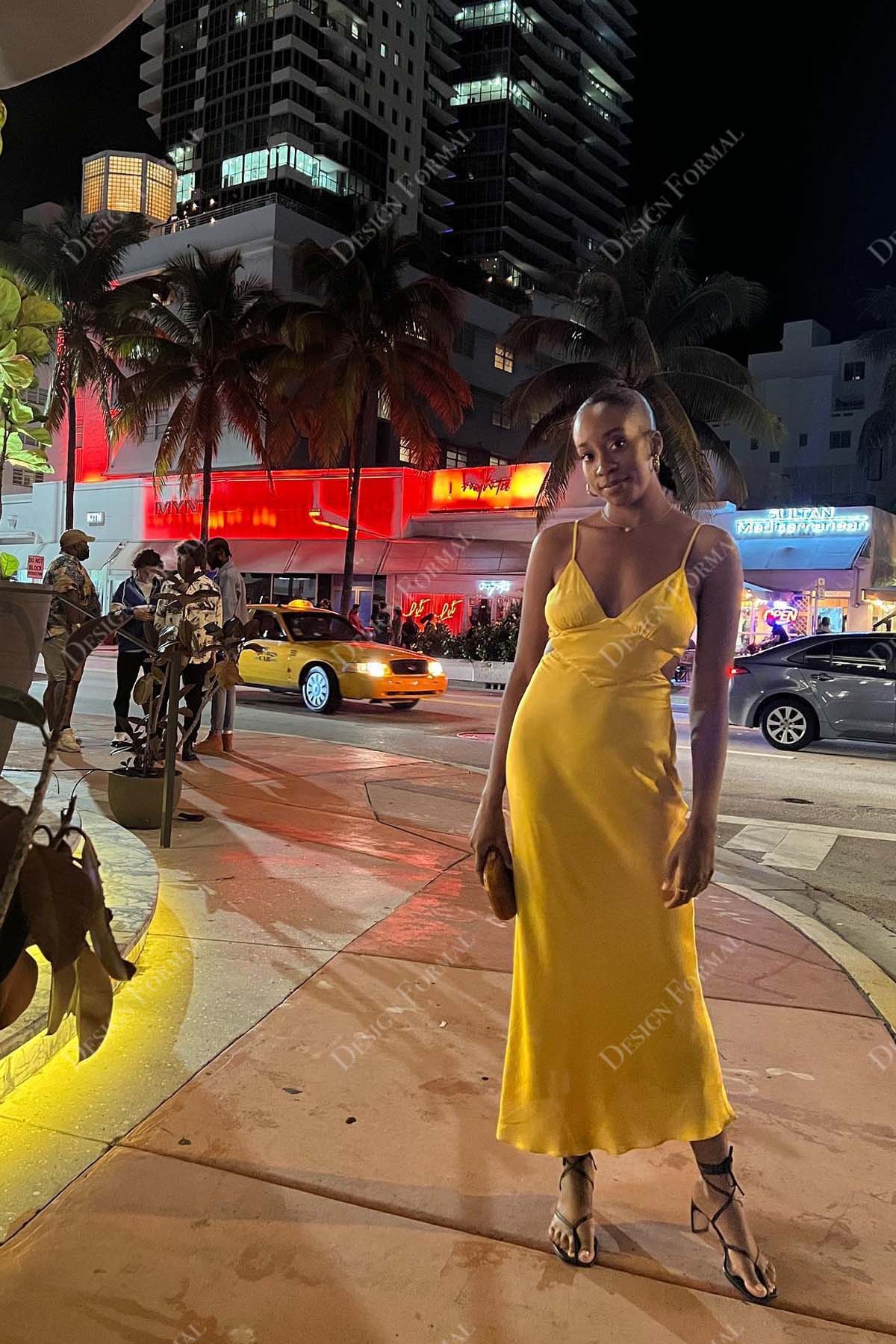 Yellow Charmeuse Thin Straps Custom V-Neck Tea Length Dress