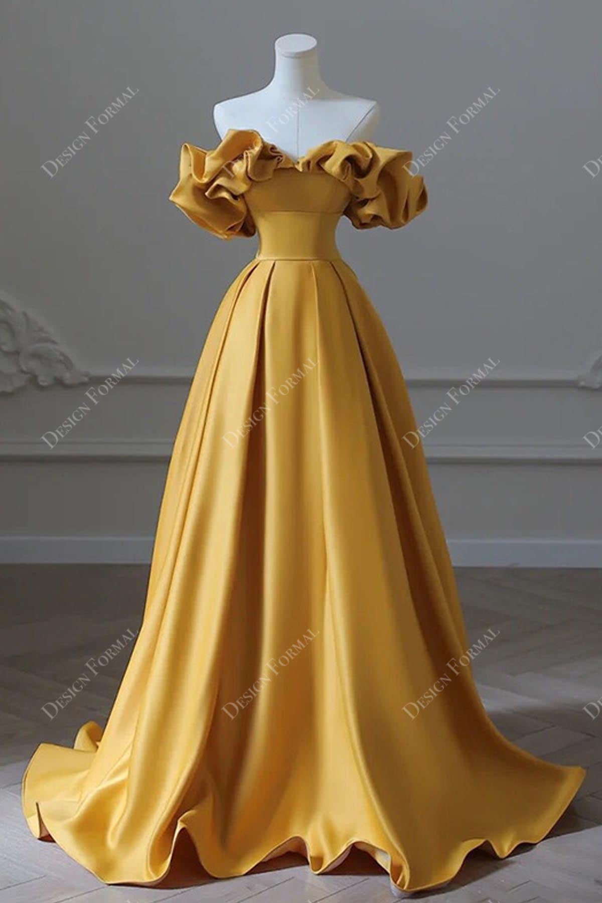 Gold Ruffled Off-Shoulder Satin A-Line Horsehair Formal Host Gown Gold Ruffled Off-Shoulder Satin A-Line Horsehair Formal Host Gown