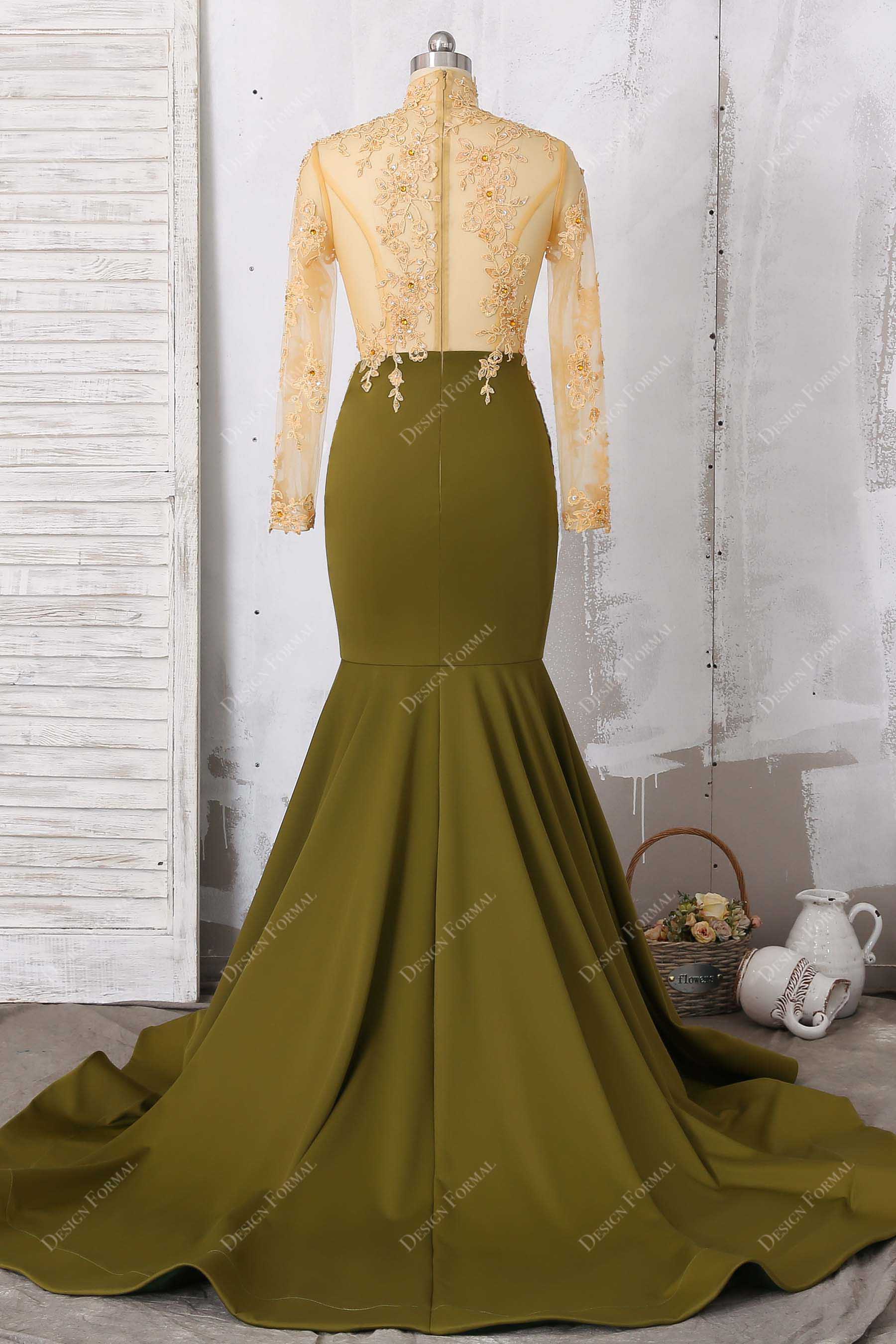 horsehair chapel train sheer long sleeve prom dress