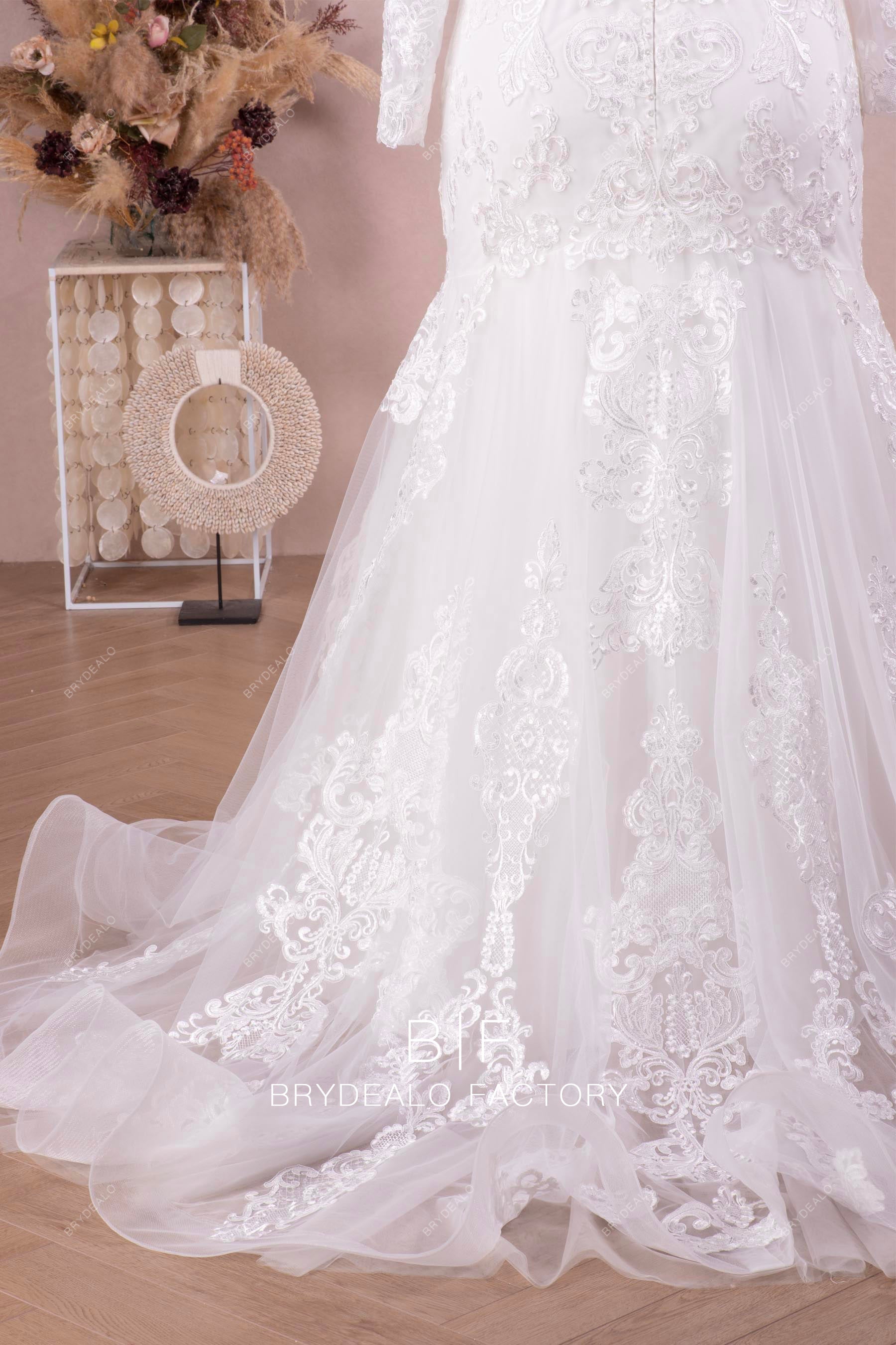 horsehair mermaid train designer lace wedding dress
