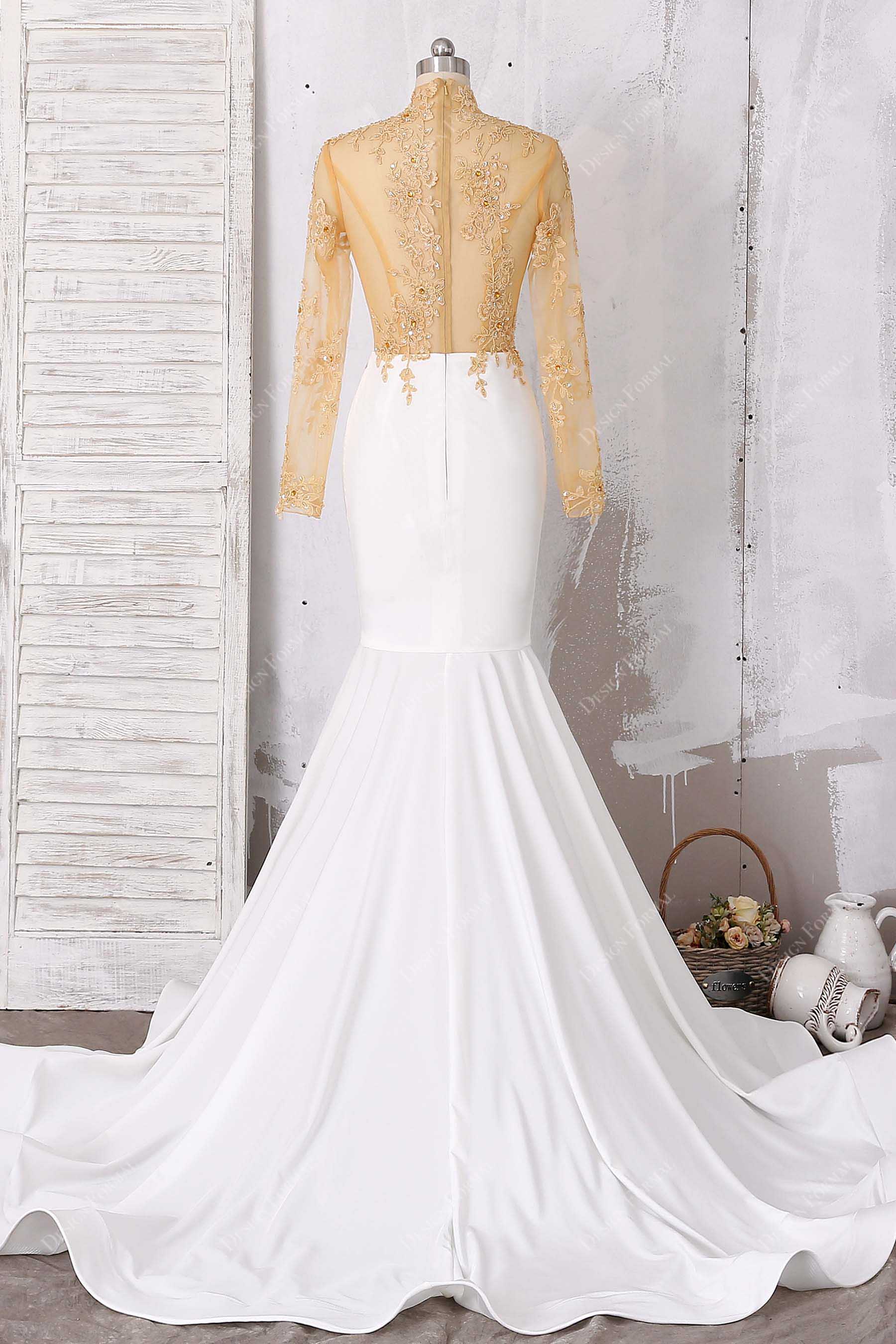 horsehair knit mermaid white gold prom dress