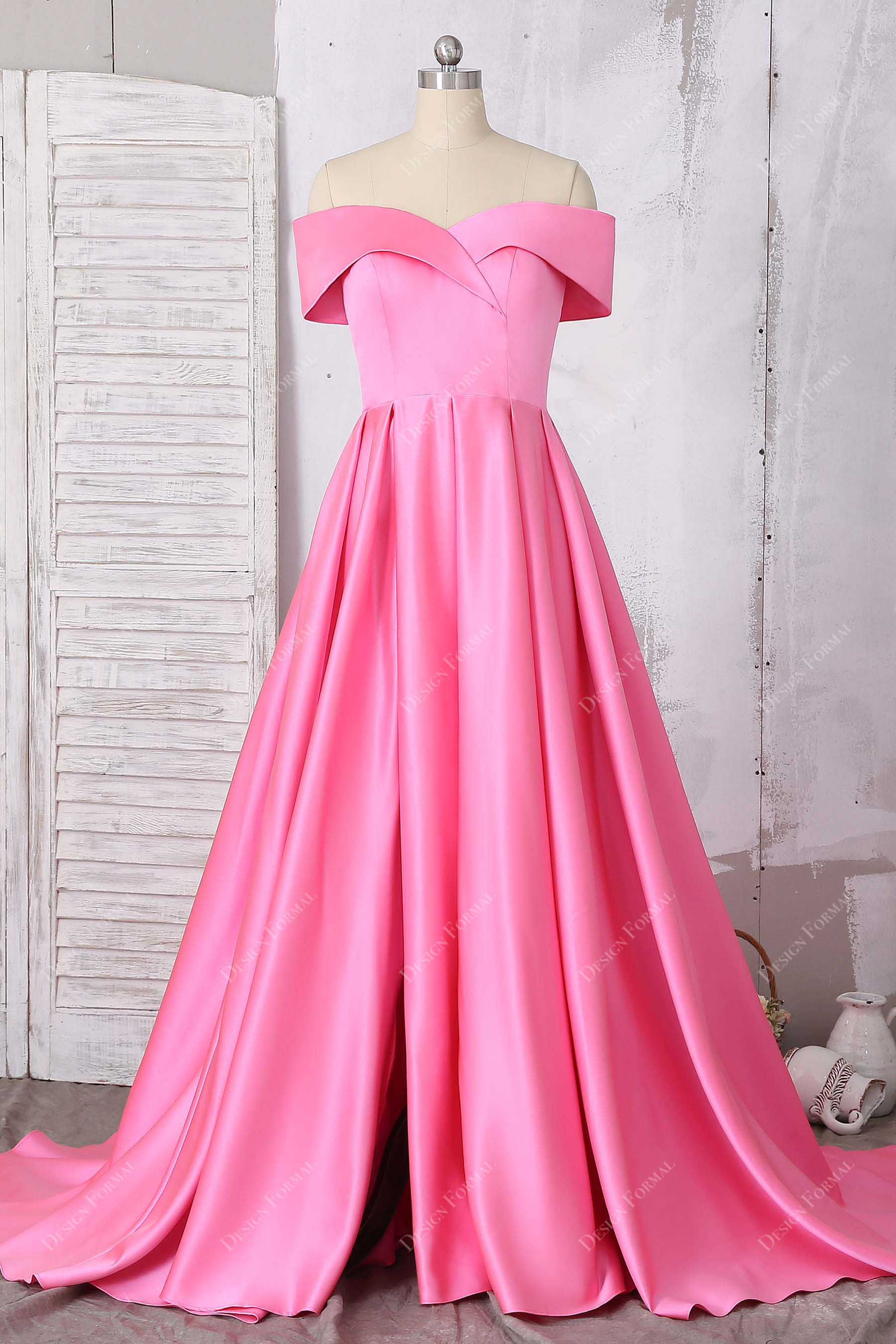 strapless open back dress Flamingo Satin Wrapped Off-Shoulder Neck Sexy Slit Prom Dress