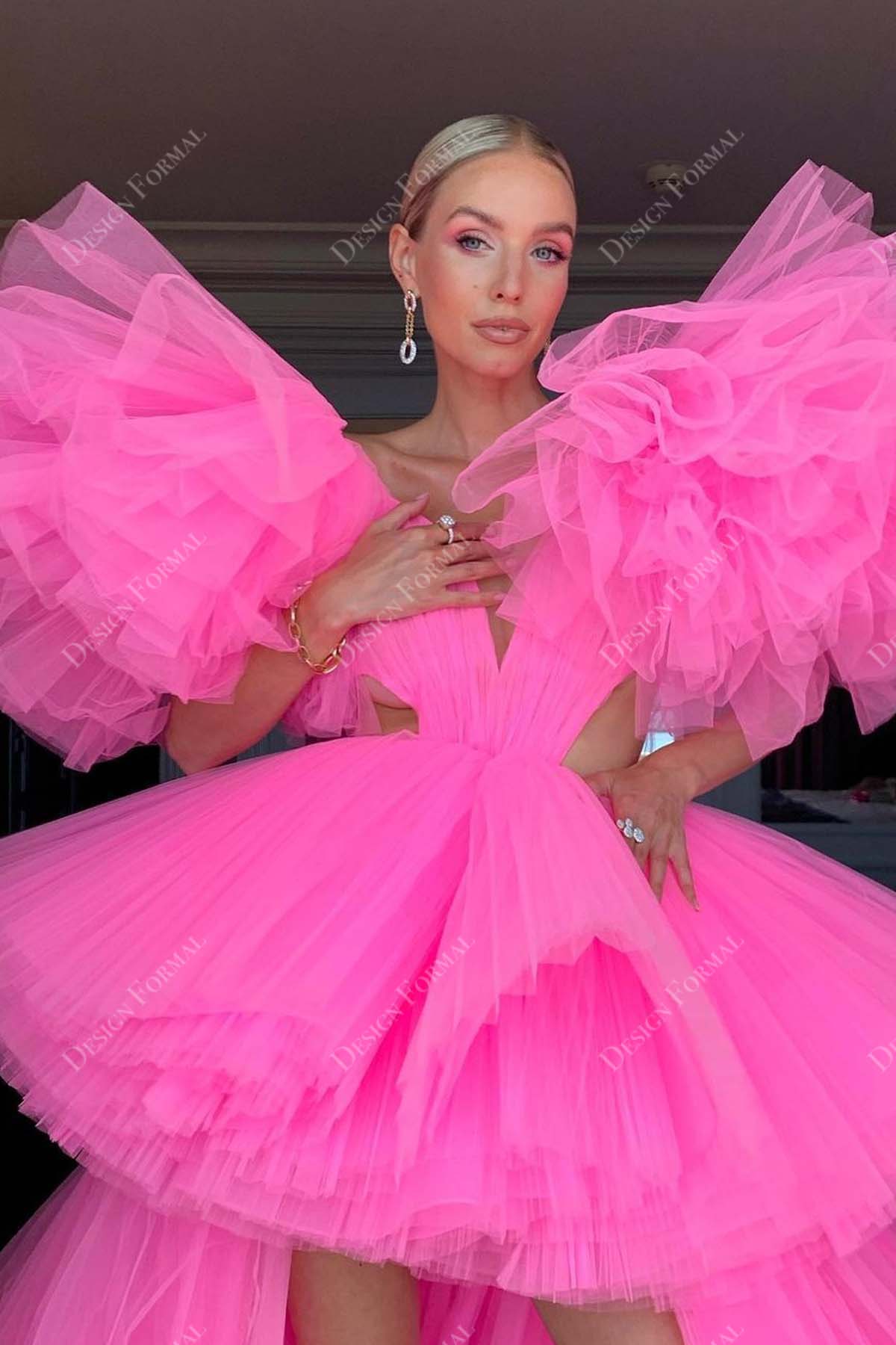 hot pink tulle ruffled shoulder plunging cutout high-low prom gown