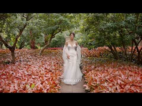 sparkly long bell sleeve lace tulle boho wedding dress