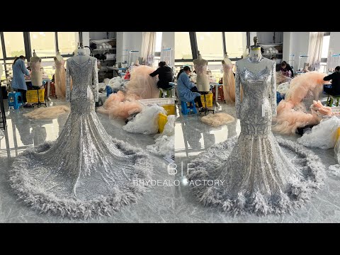 sparkly silver patterned sequin mermaid feather prom dress