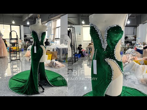 Emerald sexy rhinestone velvet high slit prom evening dress