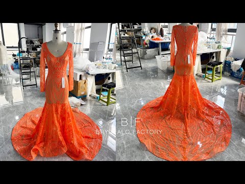 long sleeve v-neck patterned sequin prom dress