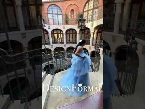custom blue straps pleated tiered tulle prom formal dress