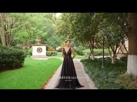 black plunging unique lace tulle boho wedding dress